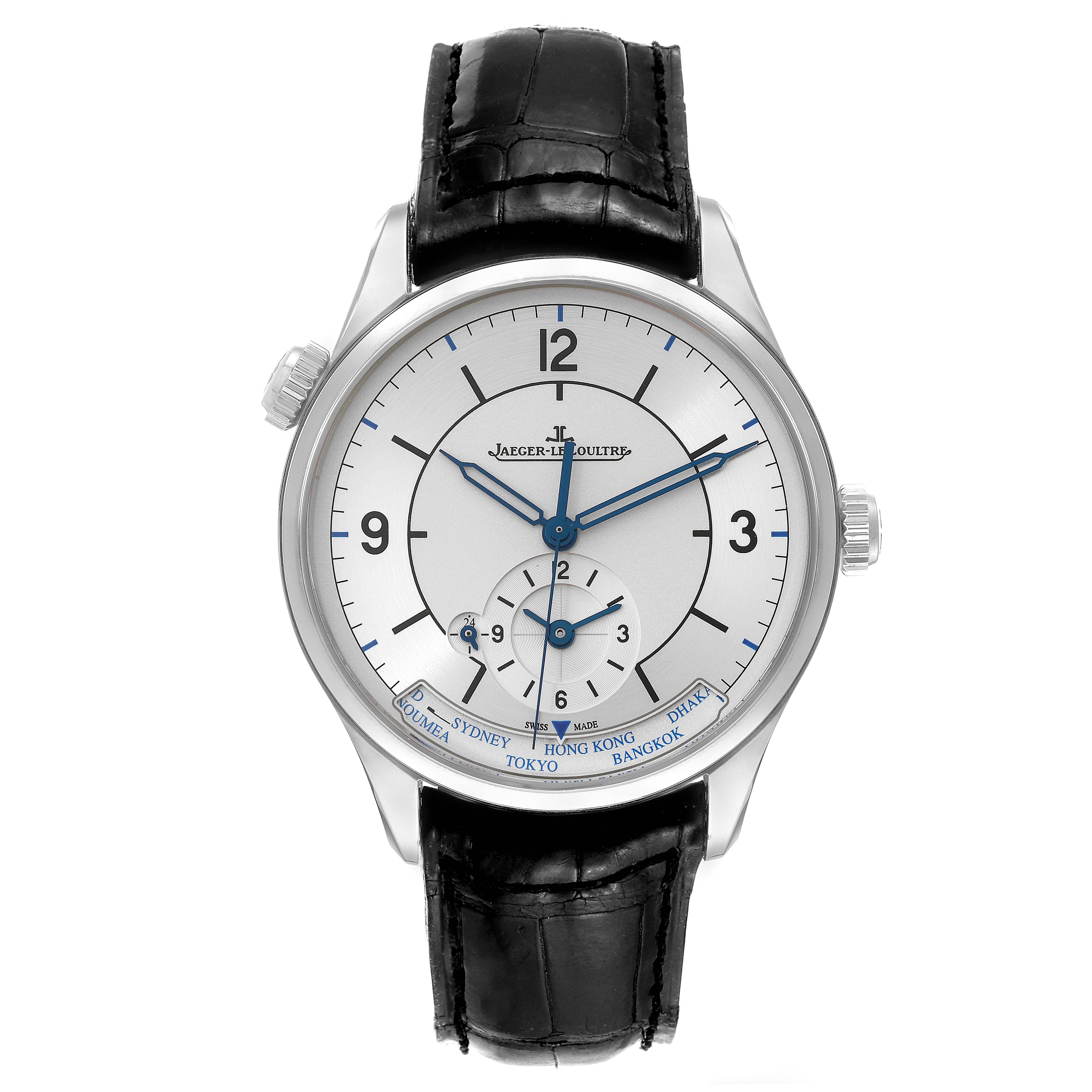 The Jaeger-LeCoultre Master model watch is shown from a front angle, displaying its dial, hands, and leather strap.