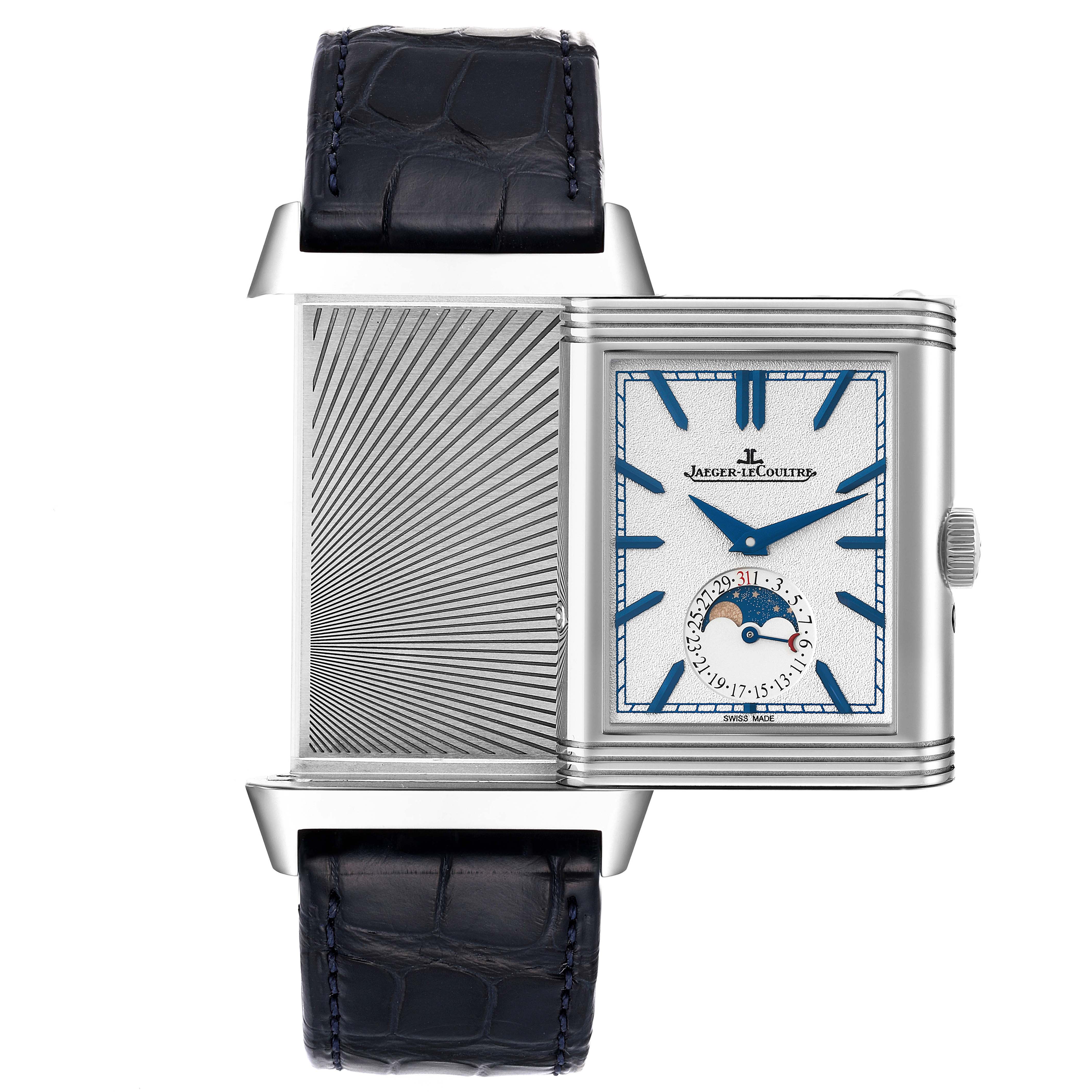 The image shows a Jaeger-LeCoultre Reverso watch displayed from the front, with its case partially flipped to reveal the back design.