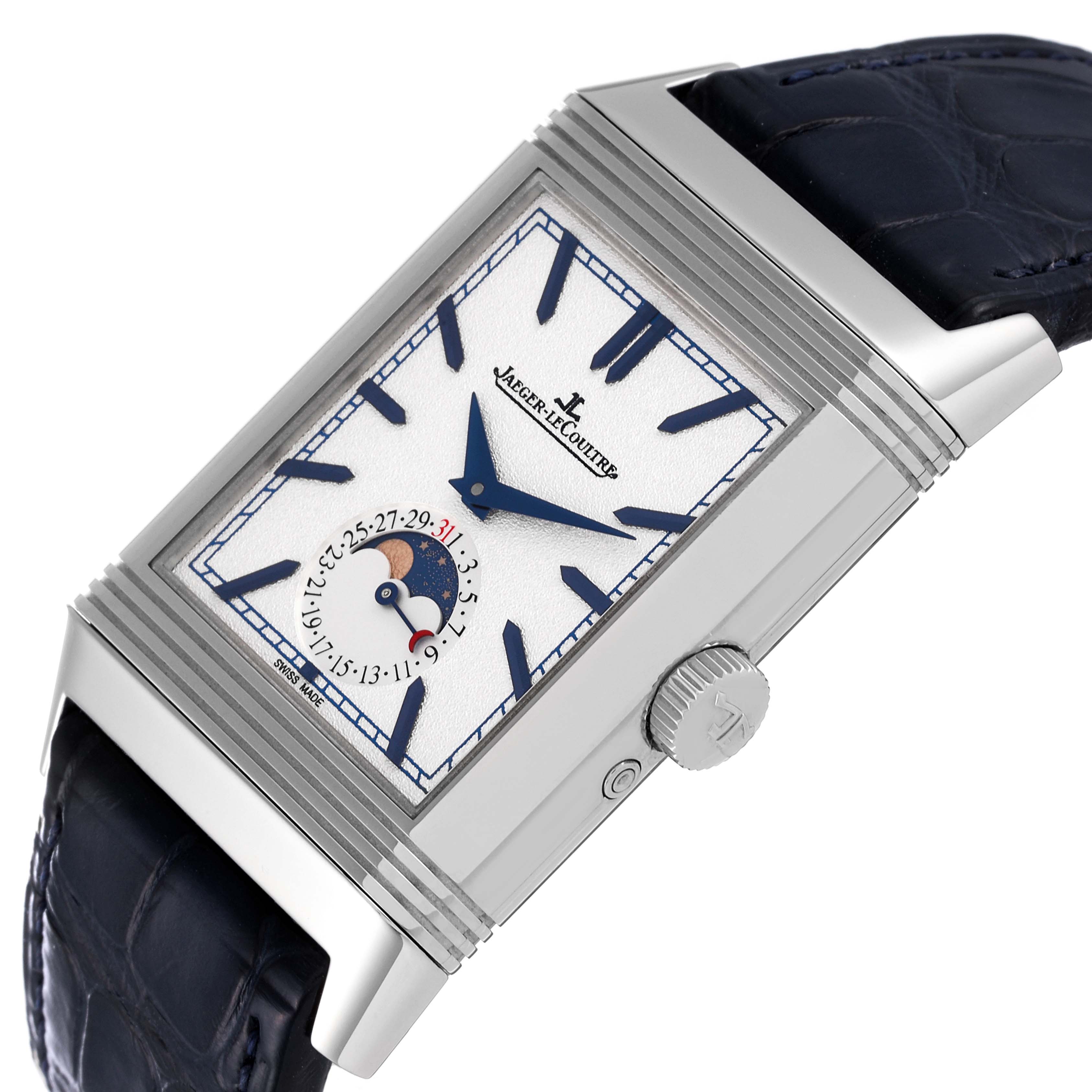 The image shows a close-up side angle of the Jaeger LeCoultre Reverso Q3958420 Men's Stainless Steel Silver Dial Q3958420 Men's Stainless Steel Silver Dial watch, highlighting the dial and crown.