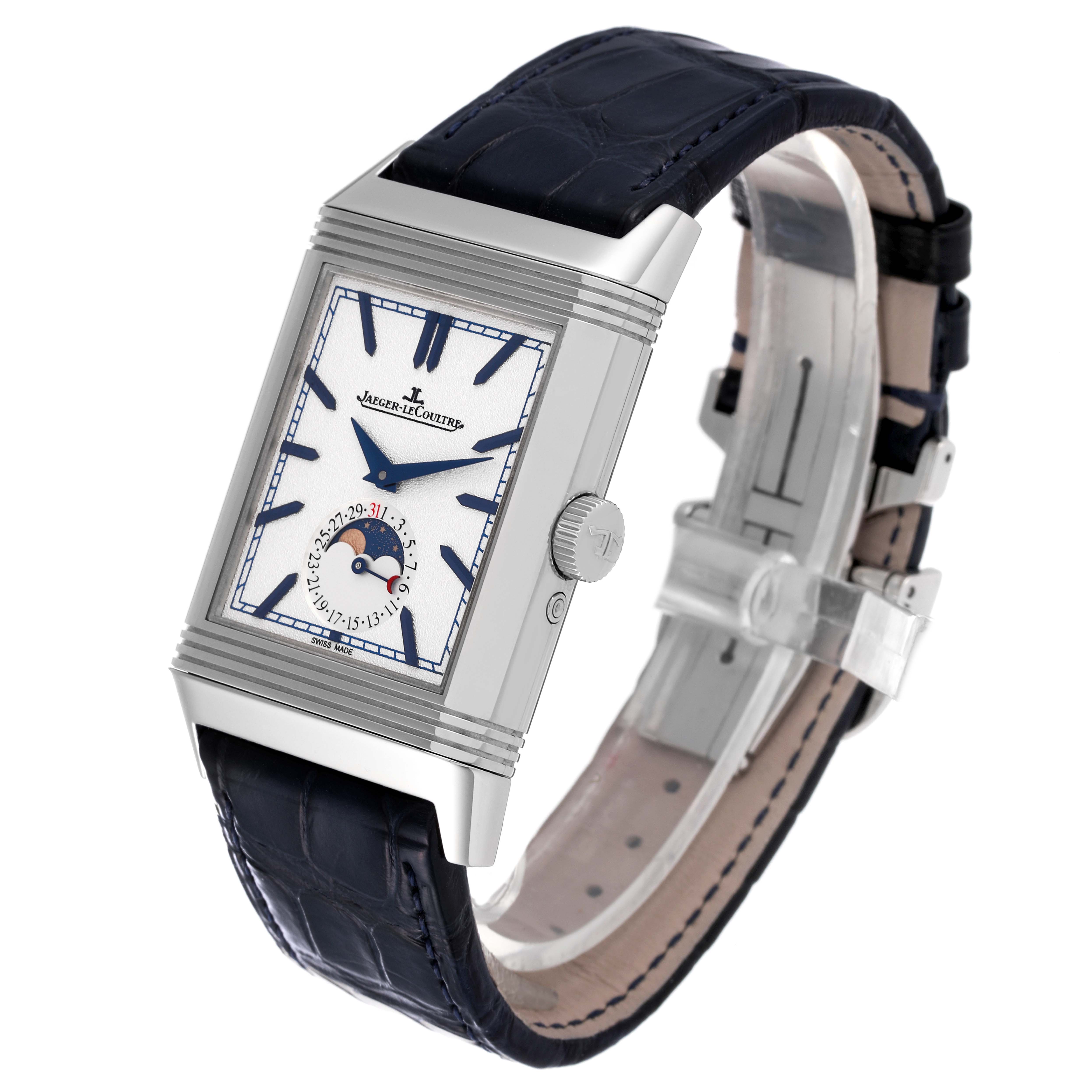 This image shows a Jaeger-LeCoultre Reverso model watch at a three-quarter angle, displaying its dial, case, and leather strap with deployment clasp.