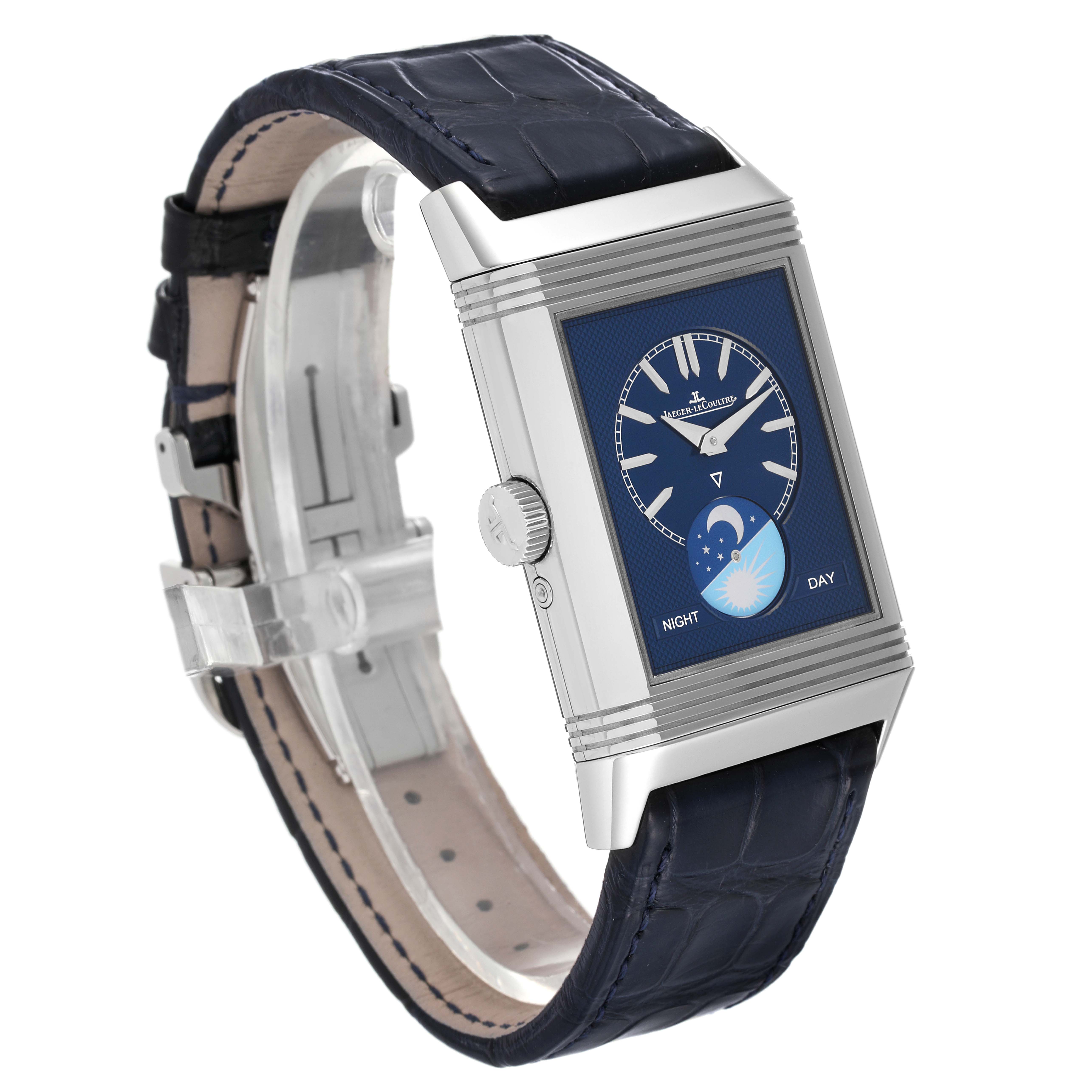 The image shows a Jaeger LeCoultre Reverso Q3958420 Men's Stainless Steel Silver Dial Q3958420 Men's Stainless Steel Silver Dial watch, angled from the front-left, displaying its face and leather strap.