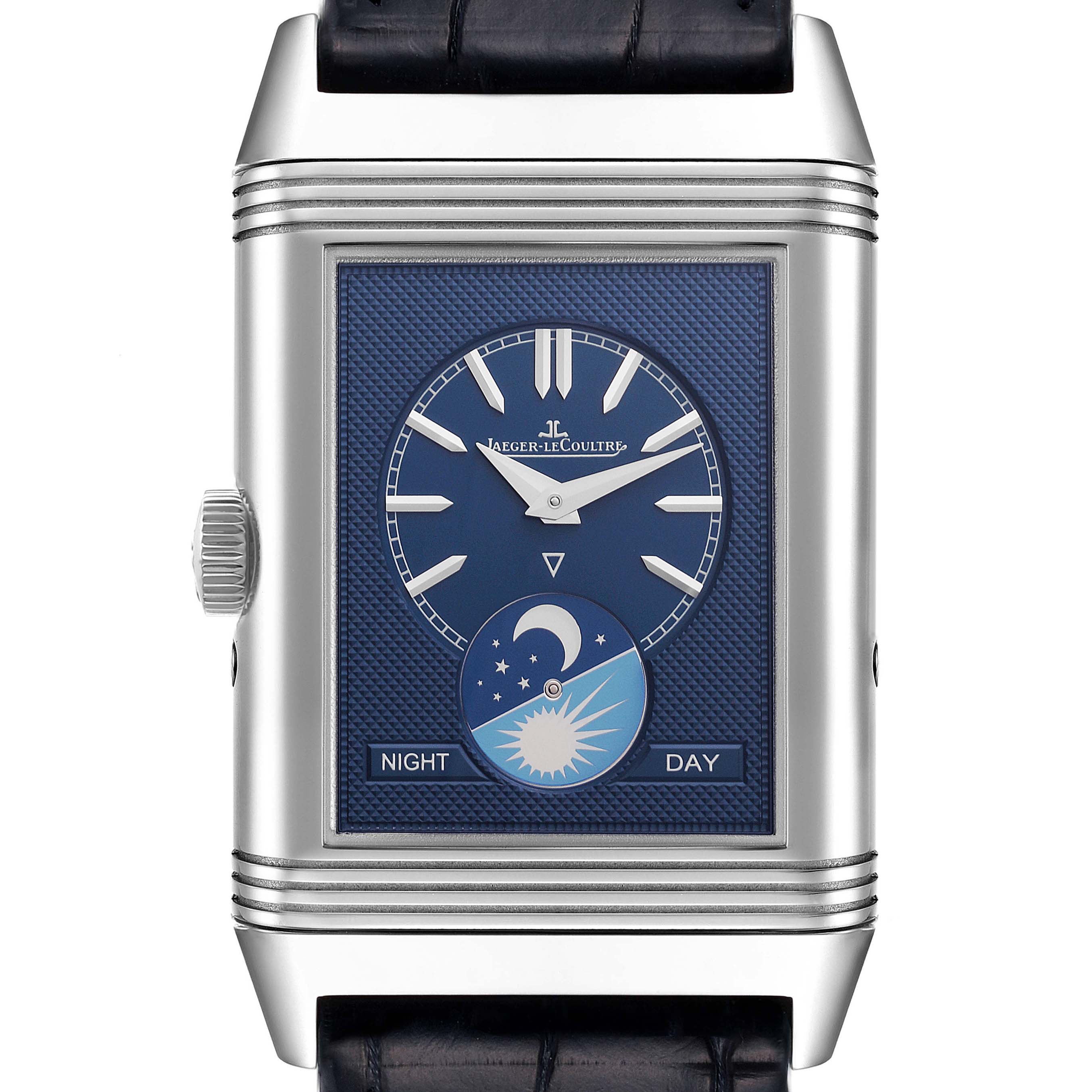 The image shows a front view of the Reverso model by Jaeger-LeCoultre, highlighting the day-night indicator and face details.