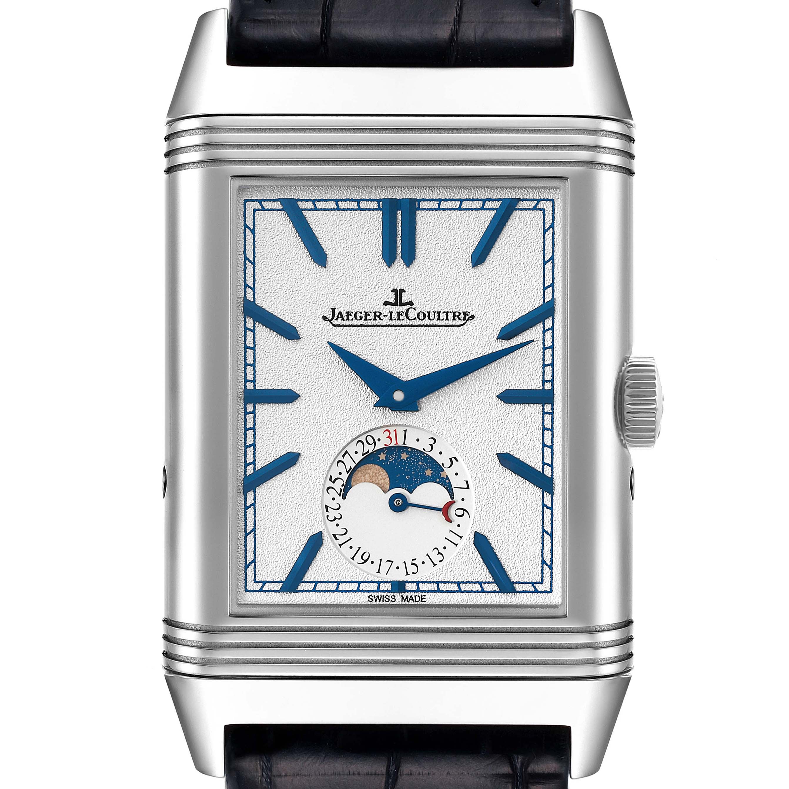 This image shows a close-up view of the Jaeger LeCoultre Reverso Q3958420 Men's Stainless Steel Silver Dial Q3958420 Men's Stainless Steel Silver Dial watch, highlighting its face, hands, crown, and moon phase complication.