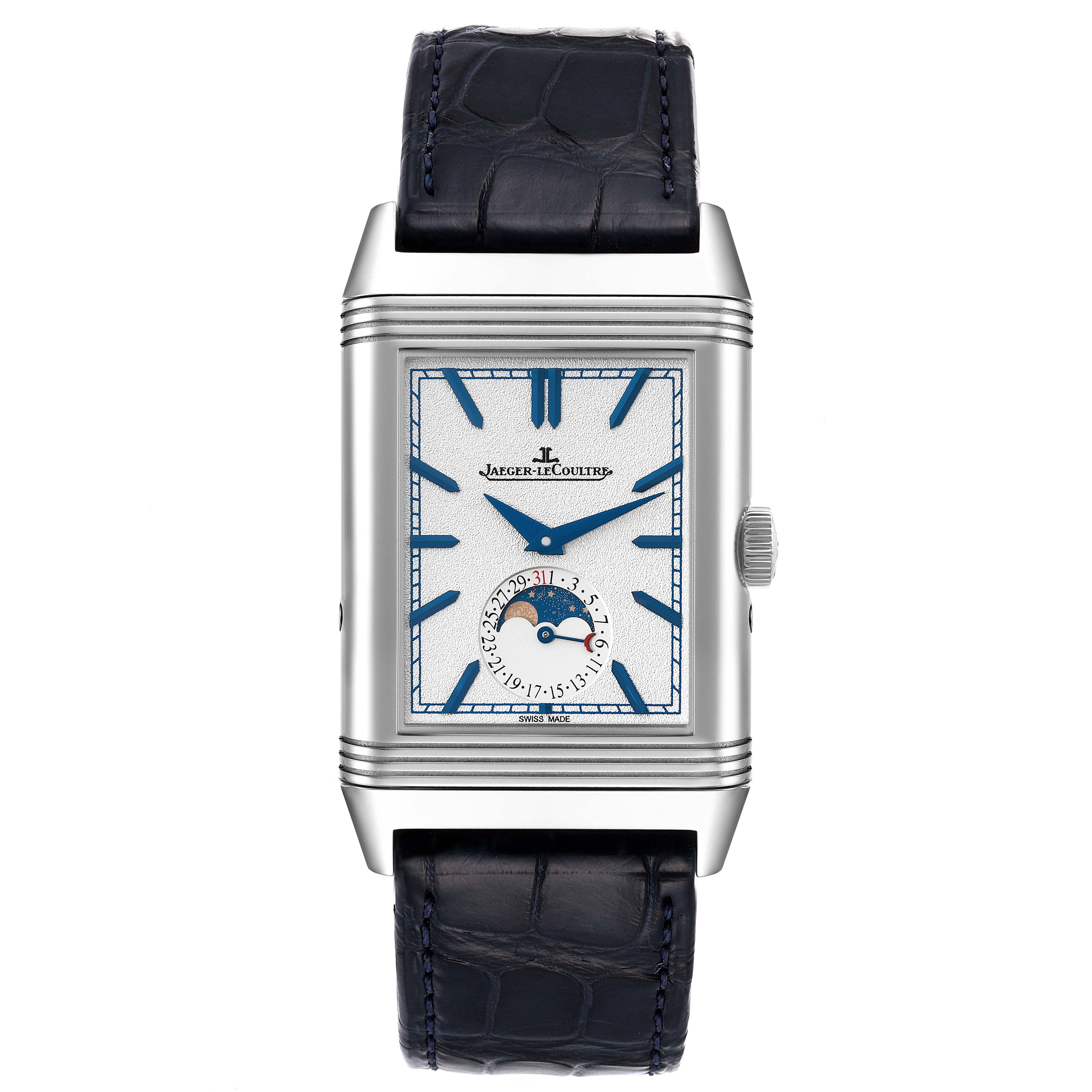 The image shows a front view of the Jaeger-LeCoultre Reverso watch, highlighting its dial, hands, and leather strap.