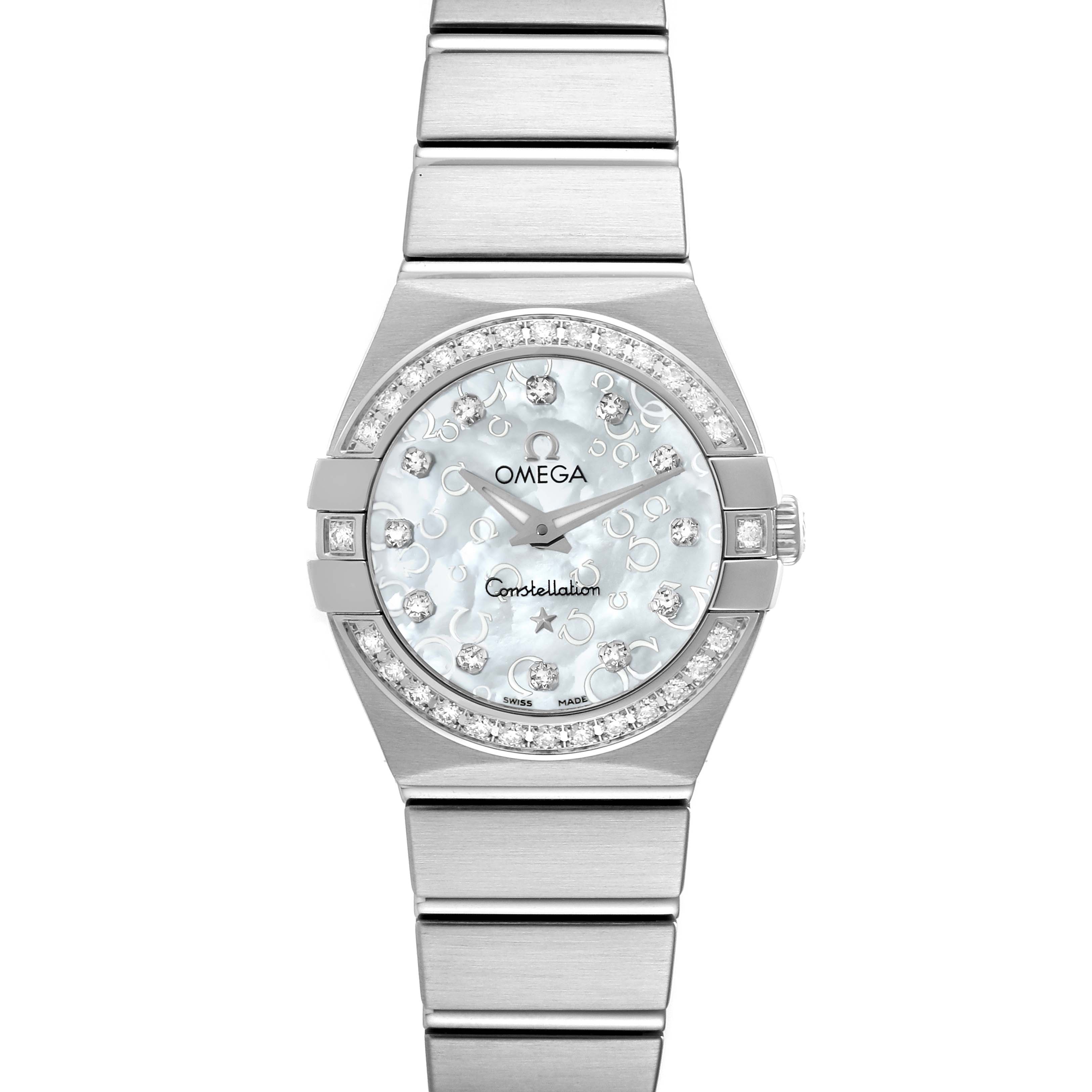 The image shows a front view of the Omega 123.15.24.60.52.001 Women's Stainless Steel Mother of Pearl Dial 123.15.24.60.52.001 Women's Stainless Steel Mother of Pearl Dial Constellation Mother of Pearl Diamond Steel Ladies Watch 123.15.24.60.52.001.