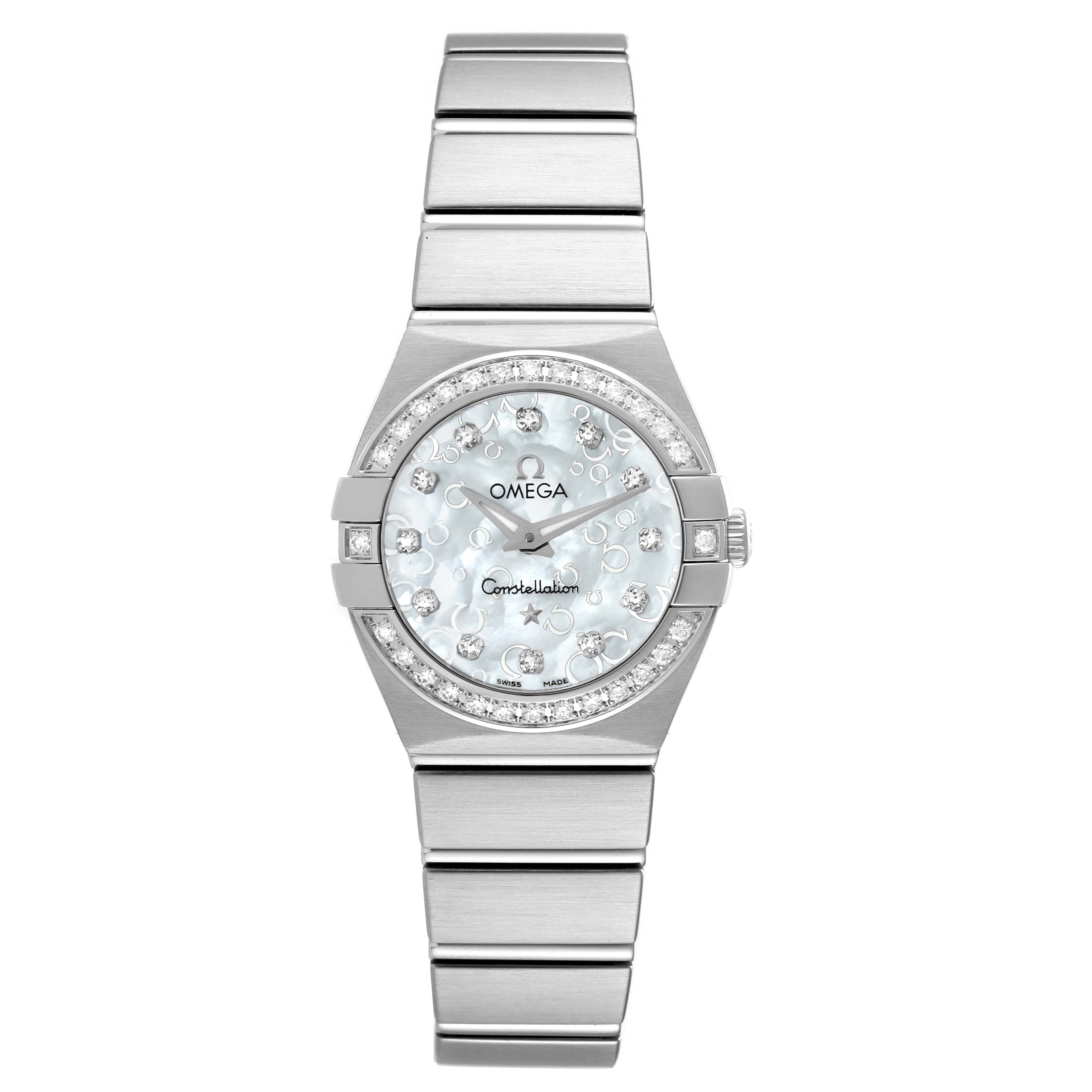The image shows a frontal view of the Omega 123.15.24.60.52.001 Women's Stainless Steel Mother of Pearl Dial 123.15.24.60.52.001 Women's Stainless Steel Mother of Pearl Dial Constellation Mother Of Pearl Diamond Steel Ladies Watch model 123.15.24.60.52.001.