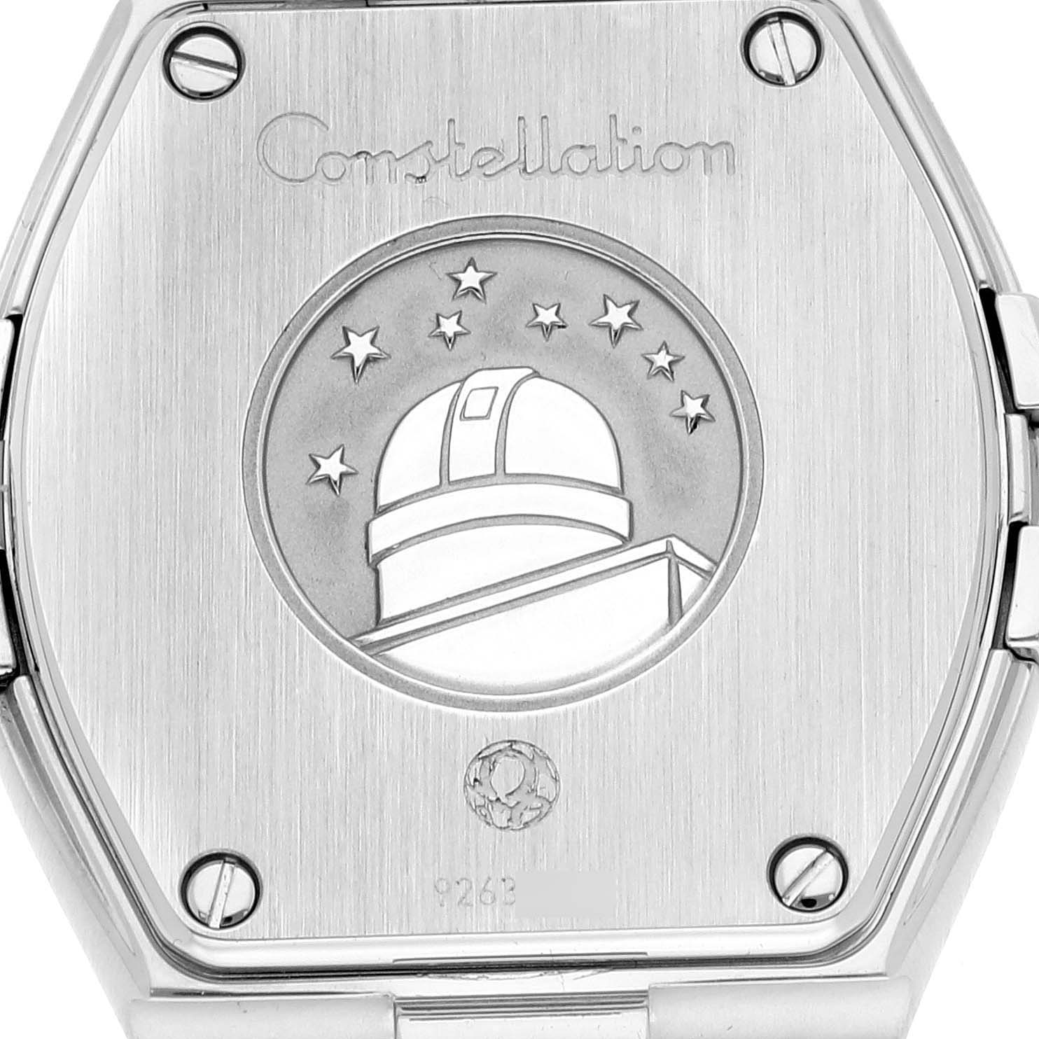 The image shows the back case of the Omega 123.15.24.60.52.001 Women's Stainless Steel Mother of Pearl Dial 123.15.24.60.52.001 Women's Stainless Steel Mother of Pearl Dial Constellation Mother Of Pearl Diamond Steel Ladies Watch 123.15.24.60.52.001.