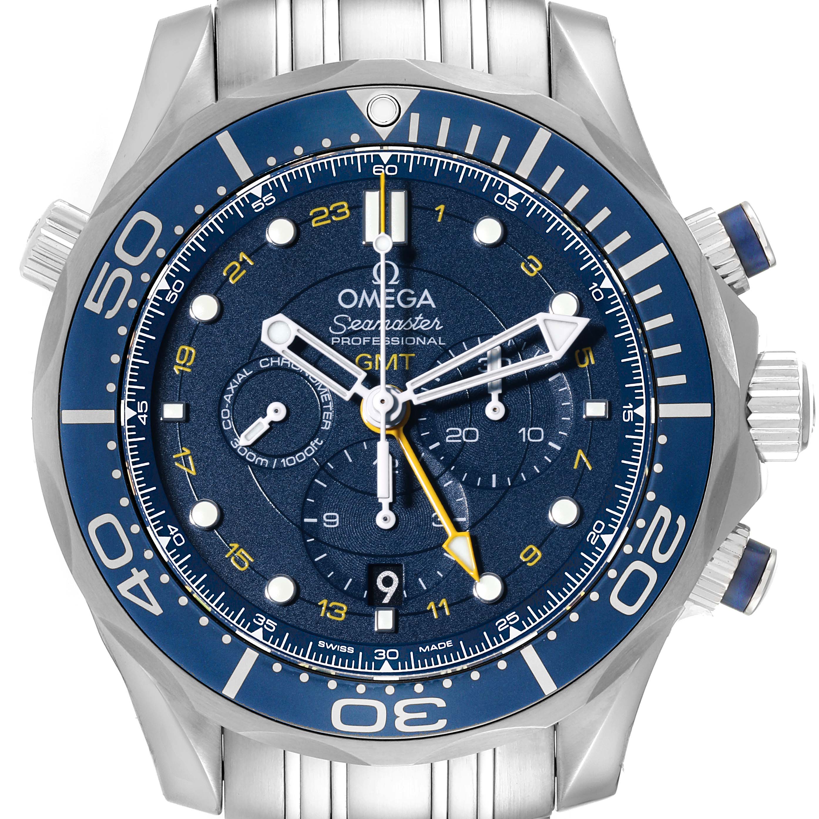 This image shows the face and bezel of an Omega Seamaster 212.30.44.52.03.001 Men
s Stainless Steel Blue Dial 212.30.44.52.03.001 Men
s Stainless Steel Blue Dial GMT watch, displaying its dial, hour markers, and chronograph subdials.