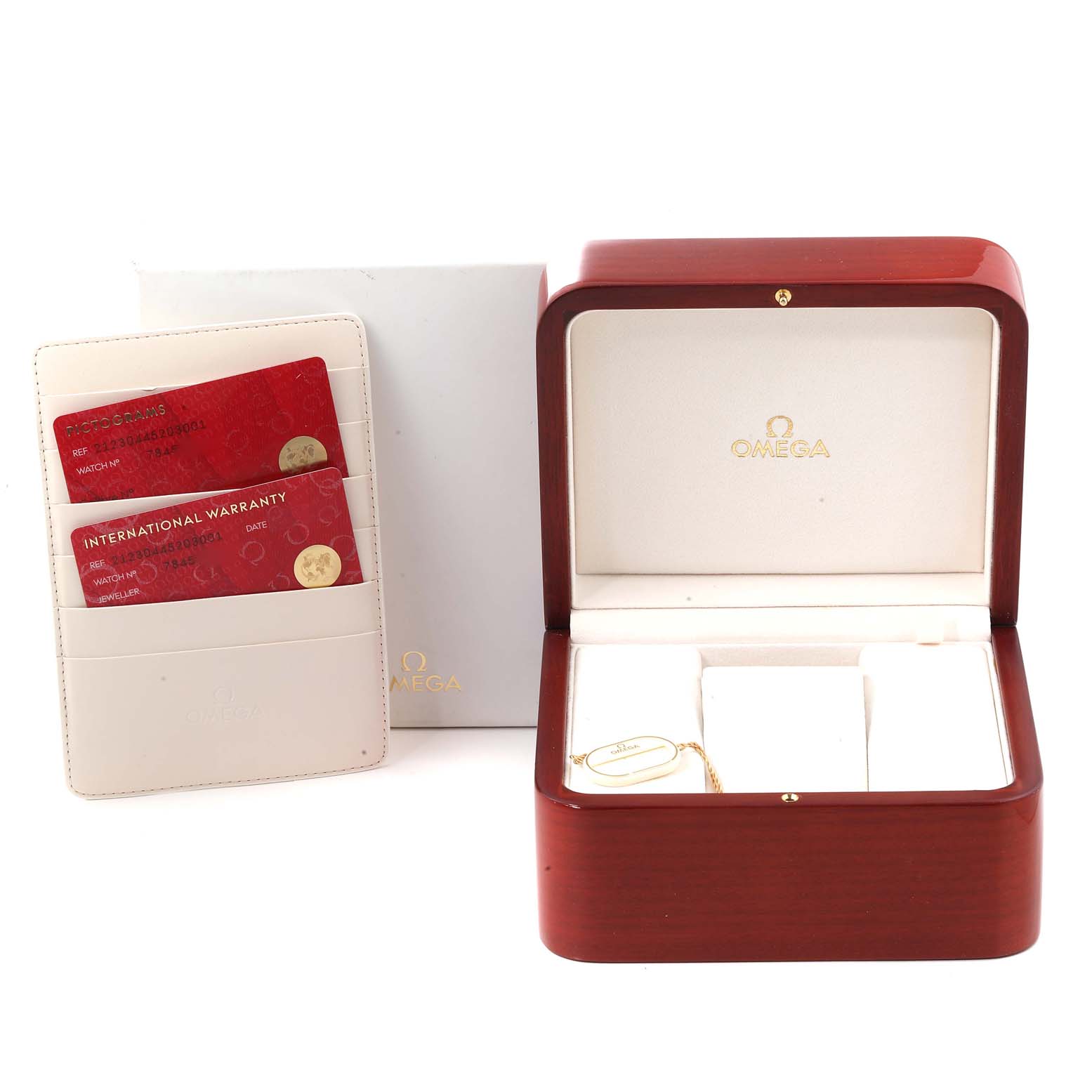 The image shows the open box and warranty cards for the Omega Seamaster 212.30.44.52.03.001 Men
s Stainless Steel Blue Dial 212.30.44.52.03.001 Men
s Stainless Steel Blue Dial model watch.