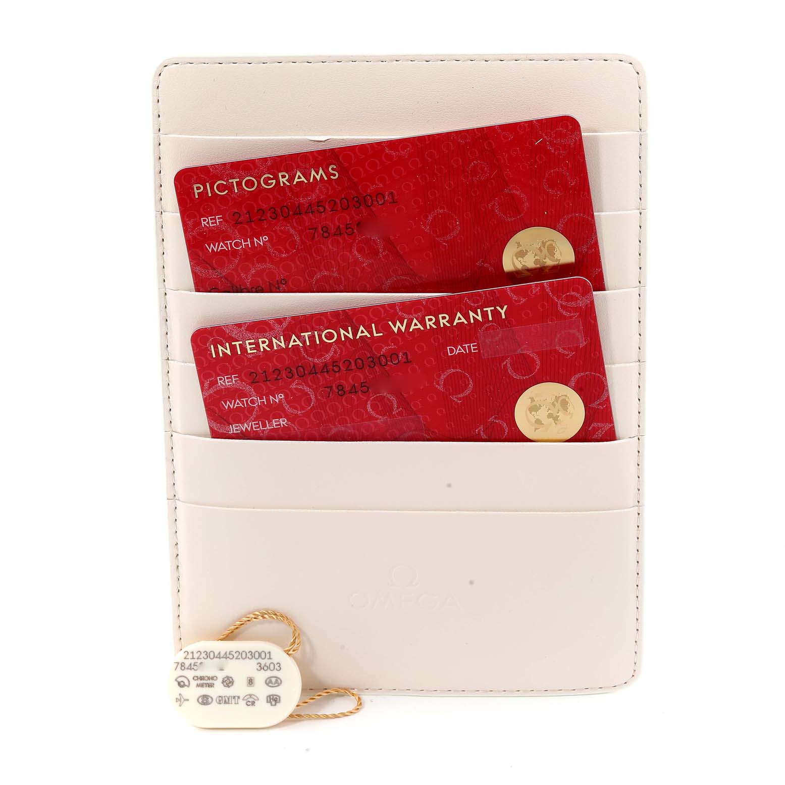 The image shows warranty and pictogram cards for an Omega Seamaster 212.30.44.52.03.001 Men
s Stainless Steel Blue Dial 212.30.44.52.03.001 Men
s Stainless Steel Blue Dial watch in a white cardholder, along with a hang tag.