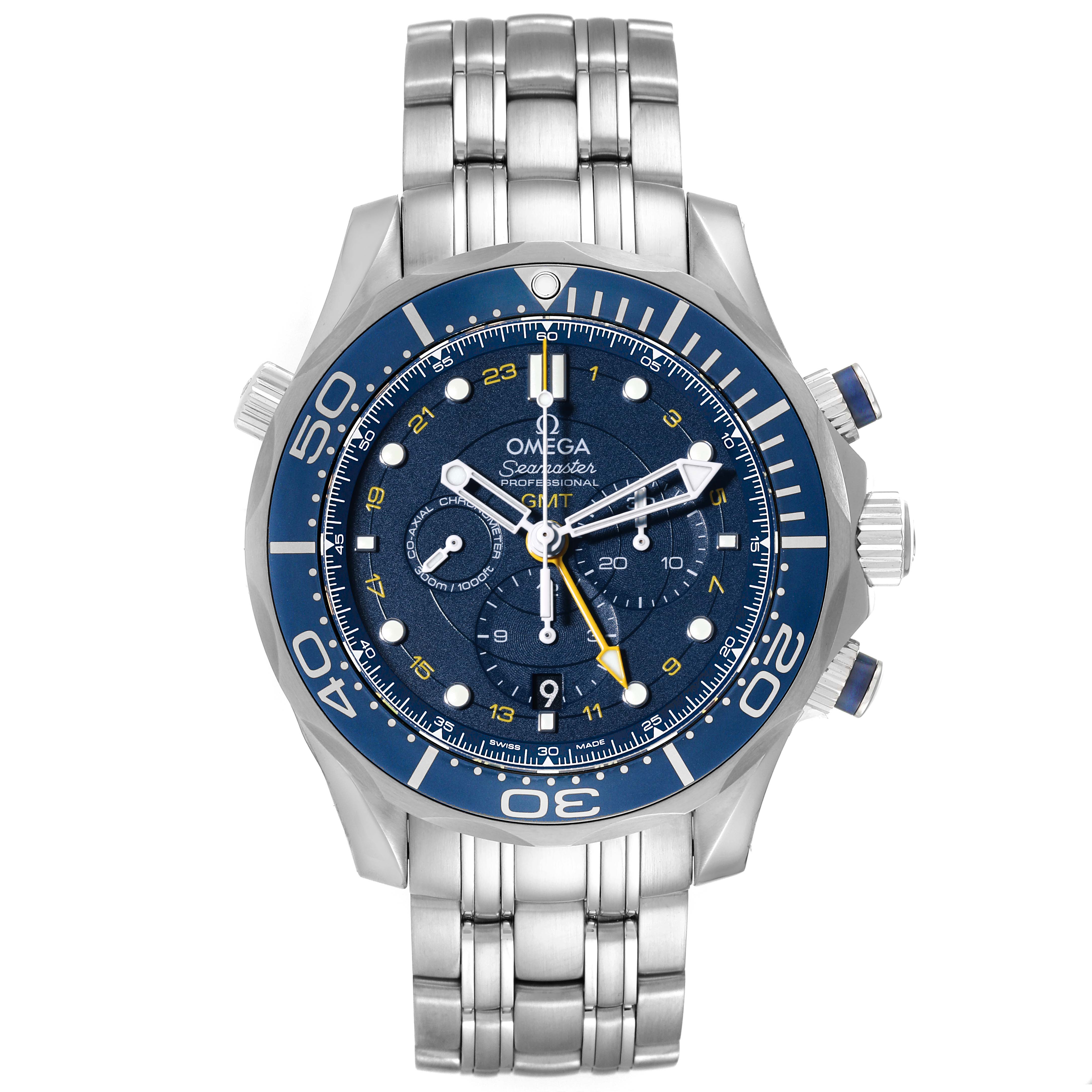 This image shows the front view of an Omega Seamaster 212.30.44.52.03.001 Men
s Stainless Steel Blue Dial 212.30.44.52.03.001 Men
s Stainless Steel Blue Dial watch, highlighting its dial, bezel, and bracelet.