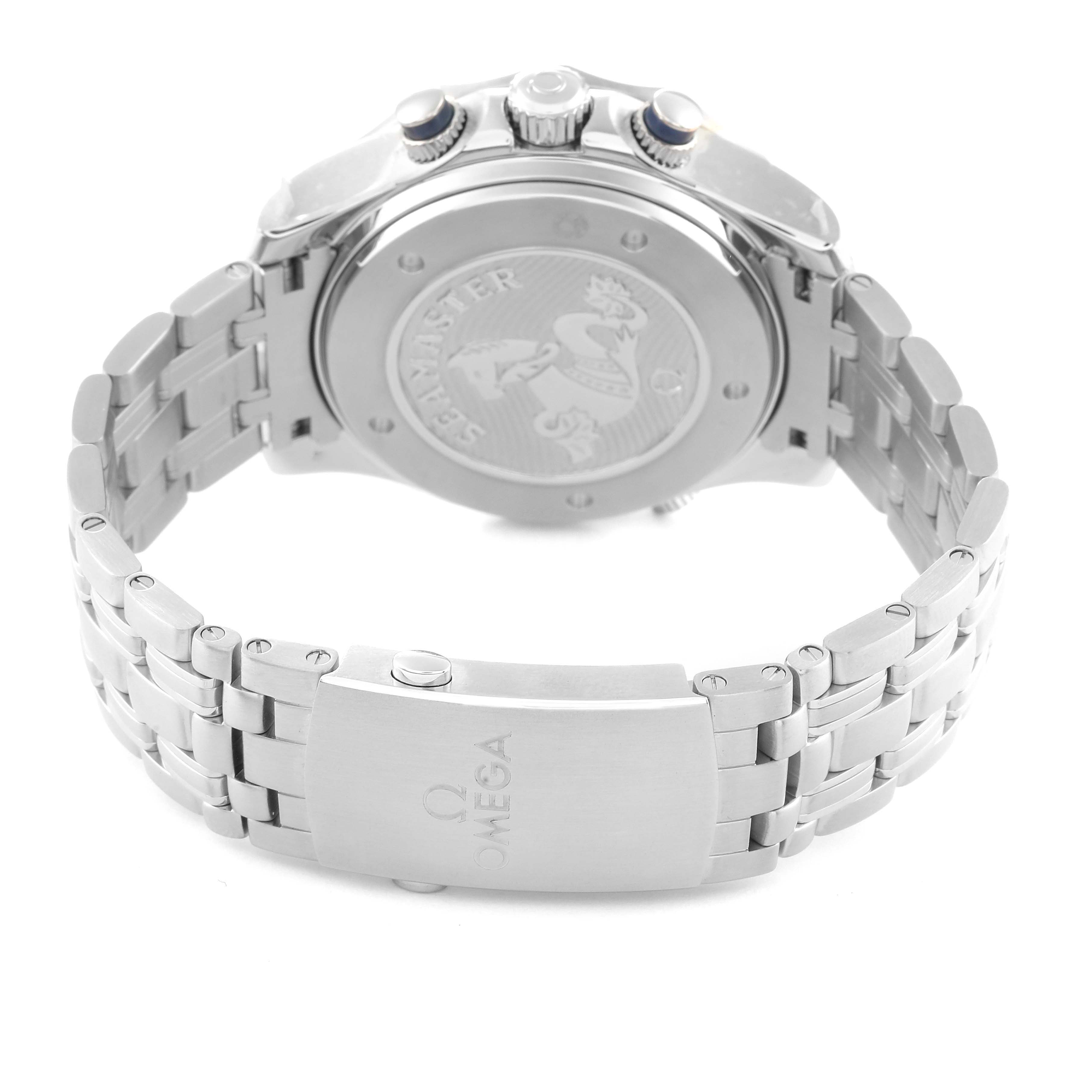 The image shows the back case and bracelet of an Omega Seamaster 212.30.44.52.03.001 Men
s Stainless Steel Blue Dial 212.30.44.52.03.001 Men
s Stainless Steel Blue Dial watch at a slight upward angle.