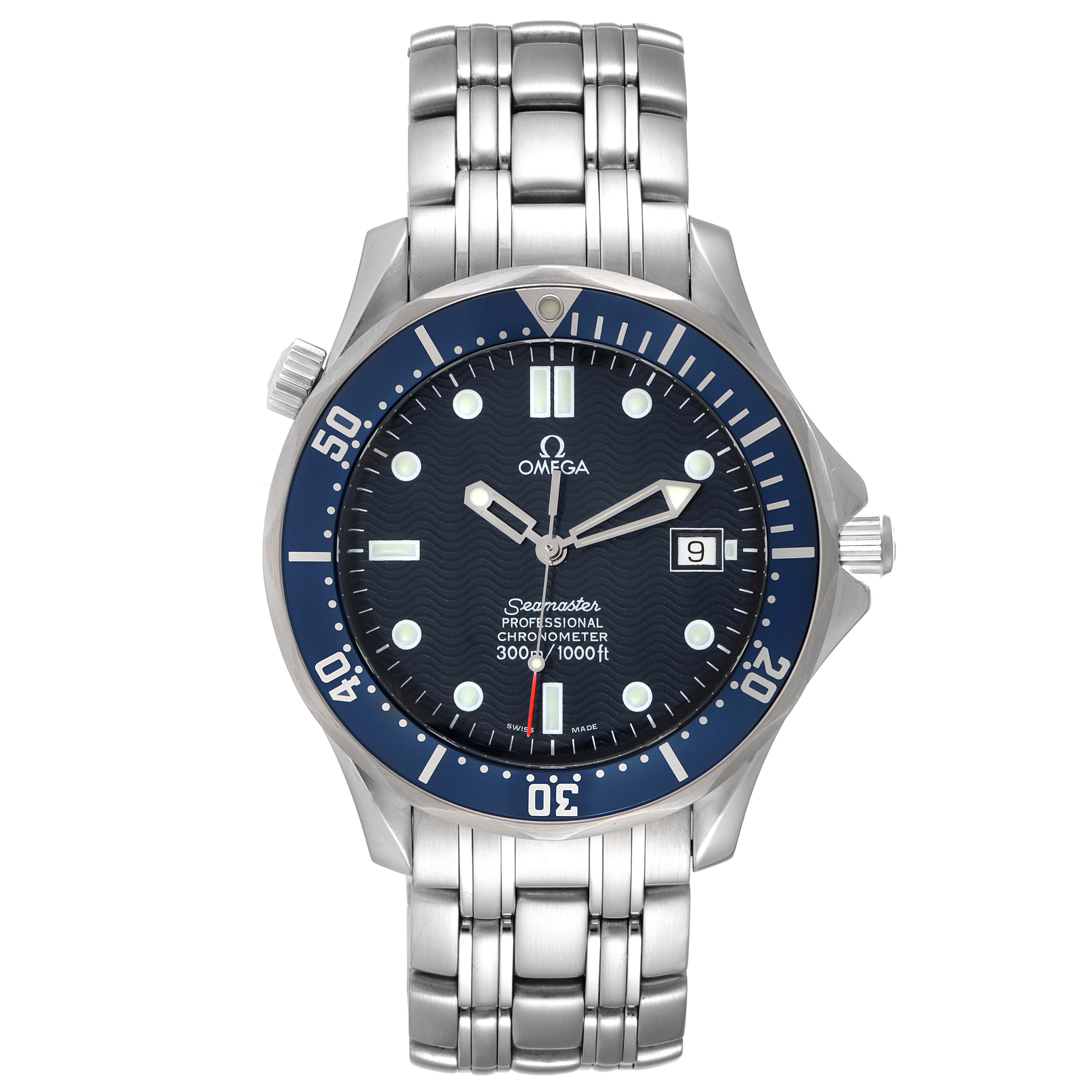 The image shows a front view of the Omega Seamaster 2531.80.00 Men's Stainless Steel Blue Dial 2531.80.00 Men's Stainless Steel Blue Dial watch, highlighting its dial, bezel, and bracelet.