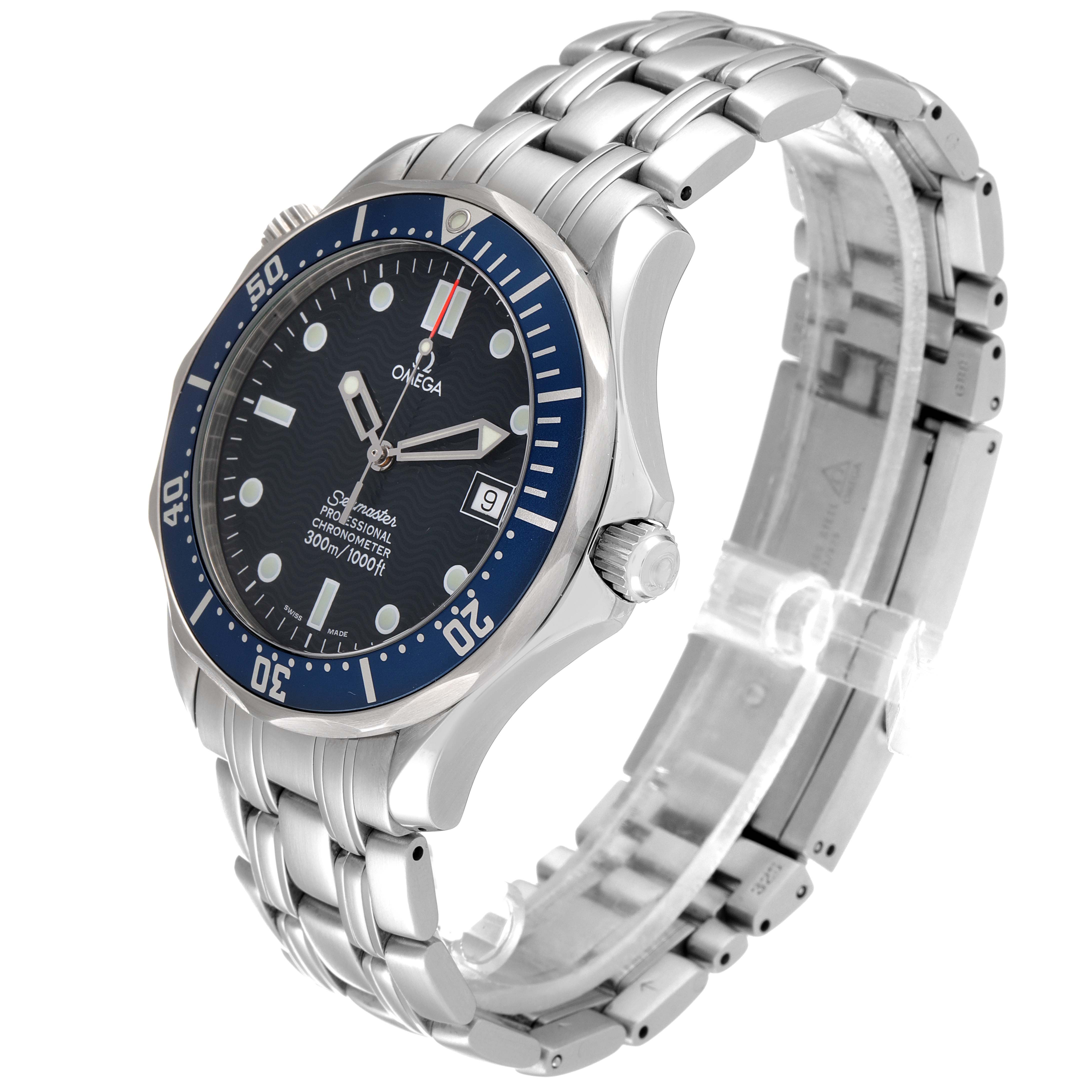 The image shows an angled view of an Omega Seamaster 2531.80.00 Men's Stainless Steel Blue Dial 2531.80.00 Men's Stainless Steel Blue Dial watch, displaying the face, bezel, crown, and metal bracelet.