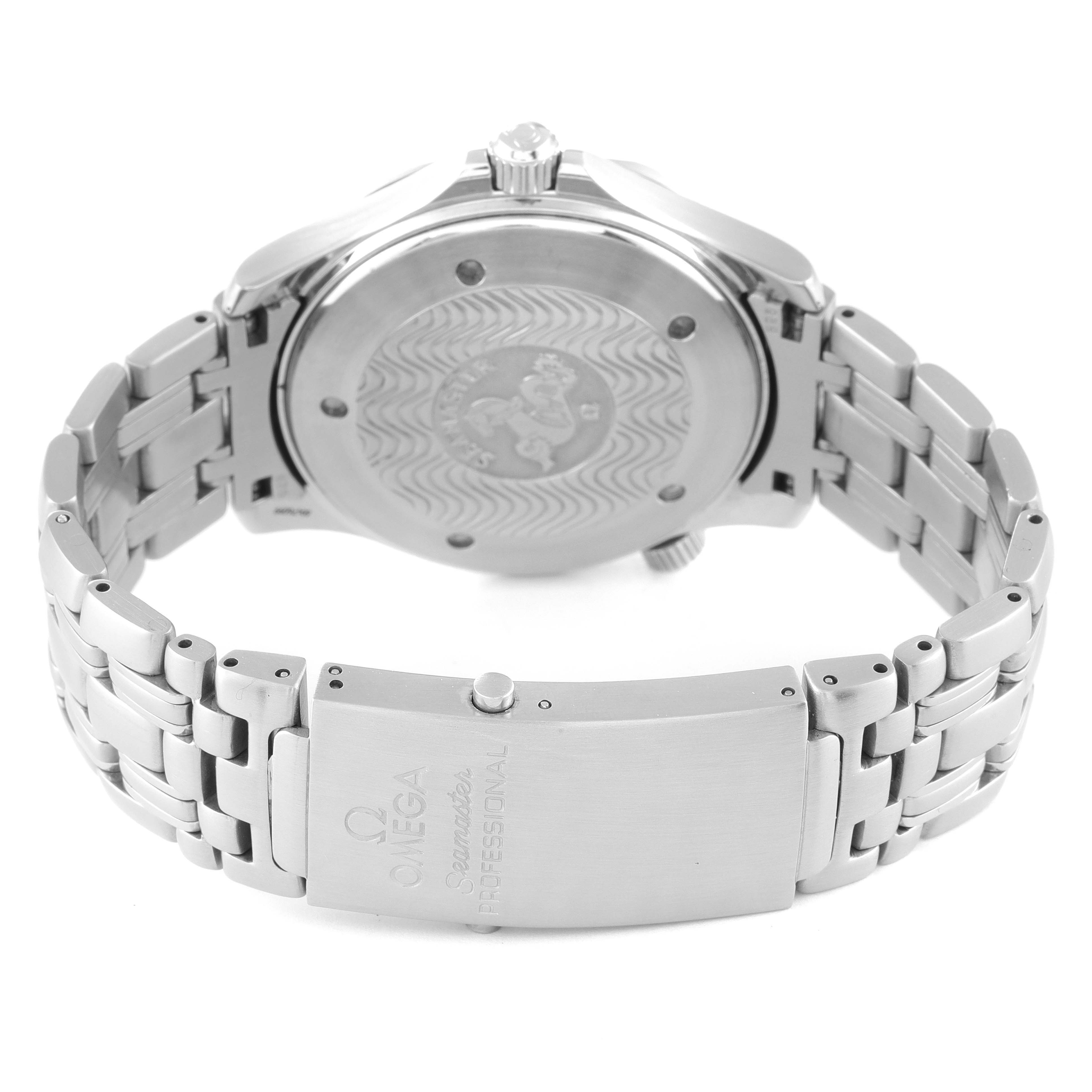 The image shows the back case and bracelet of an Omega Seamaster 2531.80.00 Men's Stainless Steel Blue Dial 2531.80.00 Men's Stainless Steel Blue Dial watch, highlighting the engraved case back and the clasp.