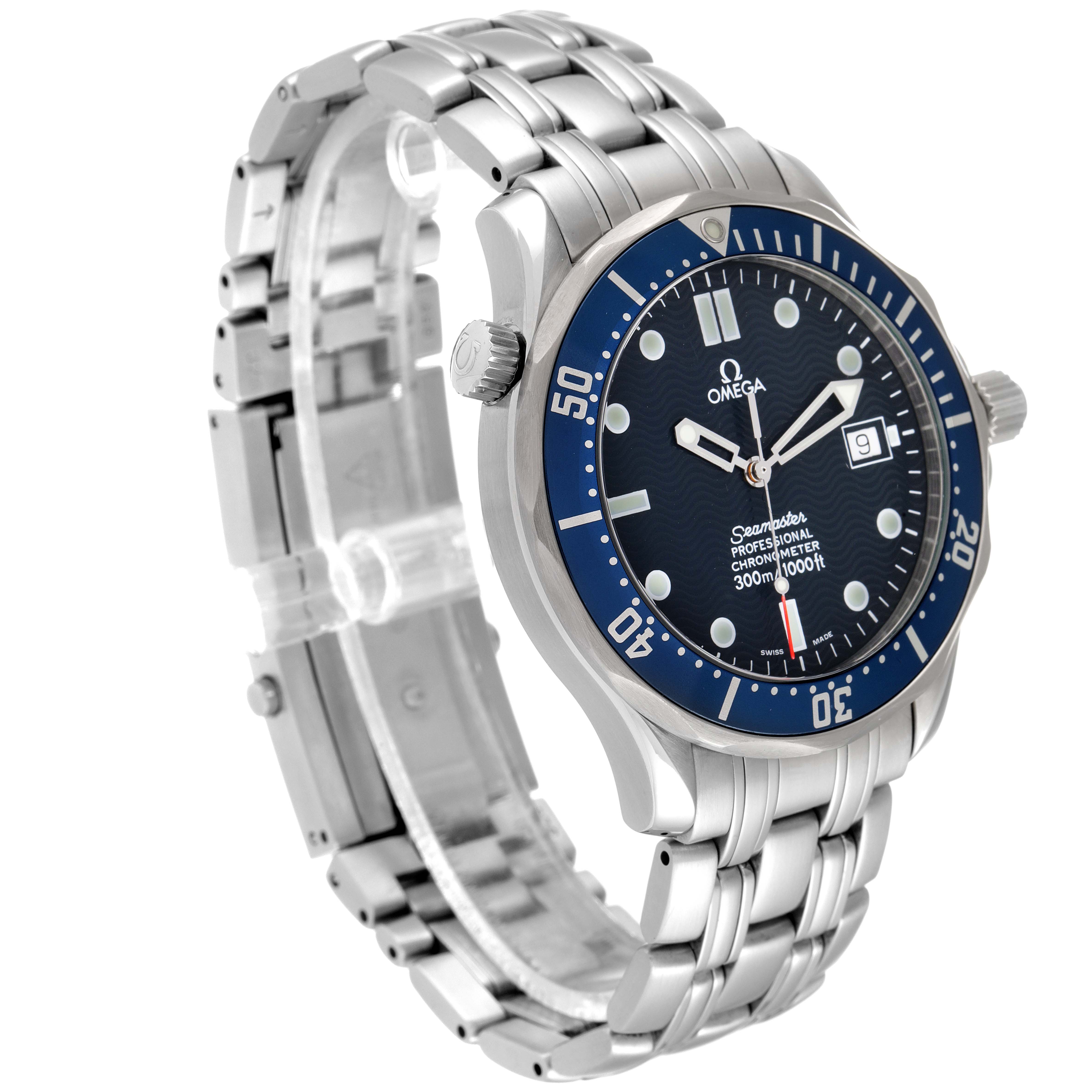 The Omega Seamaster 2531.80.00 Men's Stainless Steel Blue Dial 2531.80.00 Men's Stainless Steel Blue Dial watch is shown at a slight angle from the front, displaying the dial, bezel, crown, and metal bracelet.