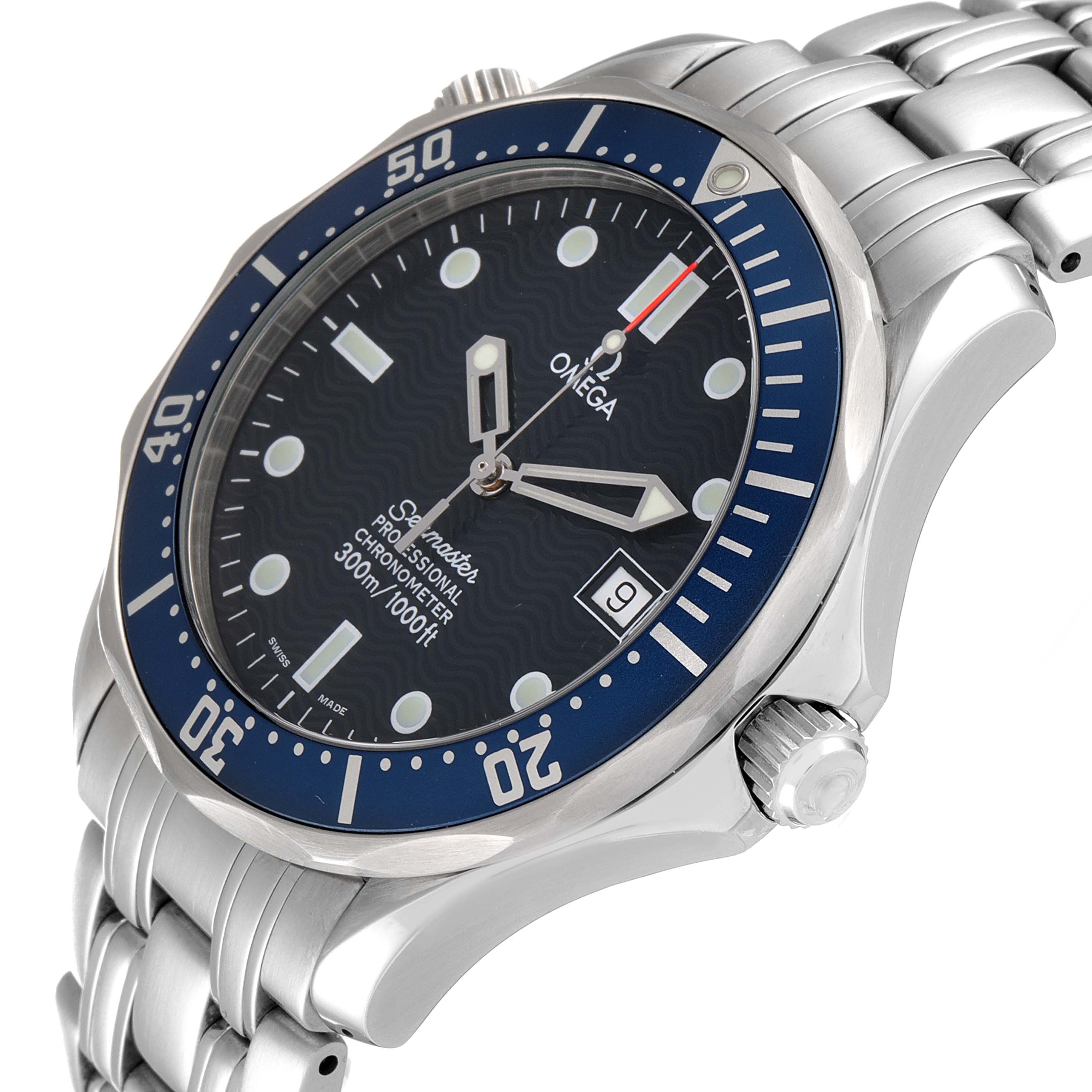 The image shows a side view of the Omega Seamaster 2531.80.00 Men's Stainless Steel Blue Dial 2531.80.00 Men's Stainless Steel Blue Dial watch, highlighting the bezel, face, crown, and part of the bracelet.