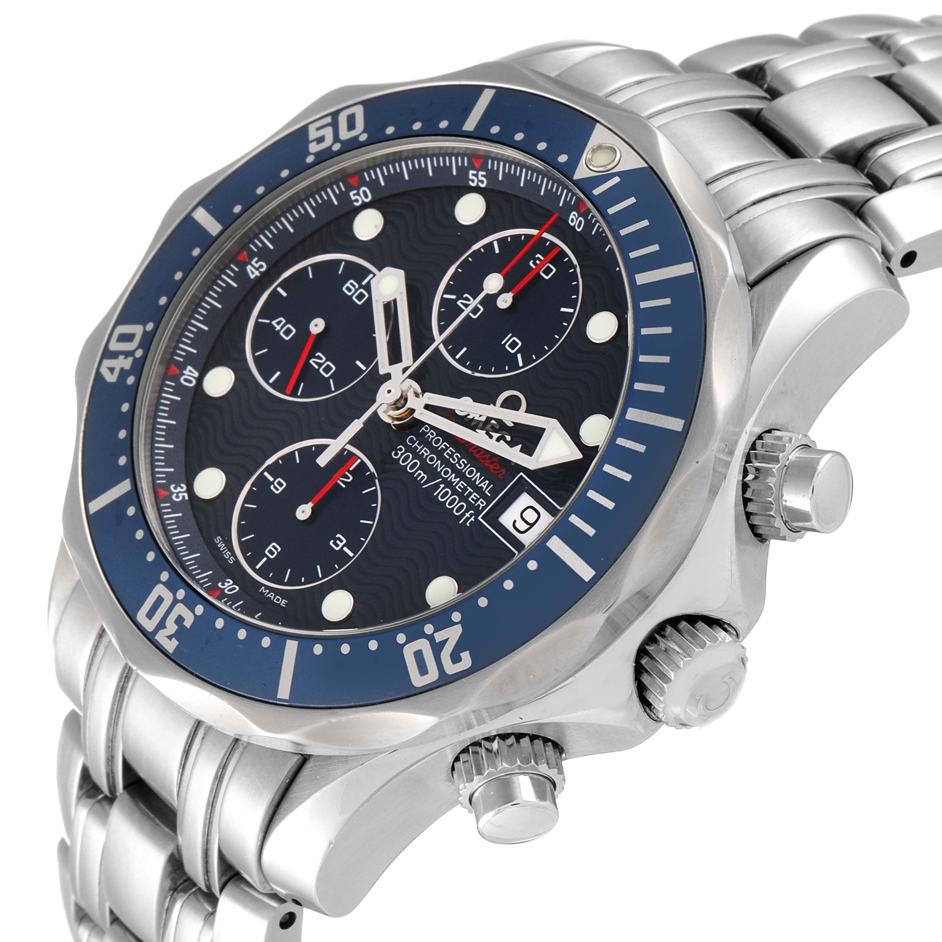 The watch, an Omega Seamaster 2225.80.00 Men's Stainless Steel Blue Dial 2225.80.00 Men's Stainless Steel Blue Dial, is shown at a slight angle displaying its bezel, dial, chronograph subdials, and part of the bracelet.