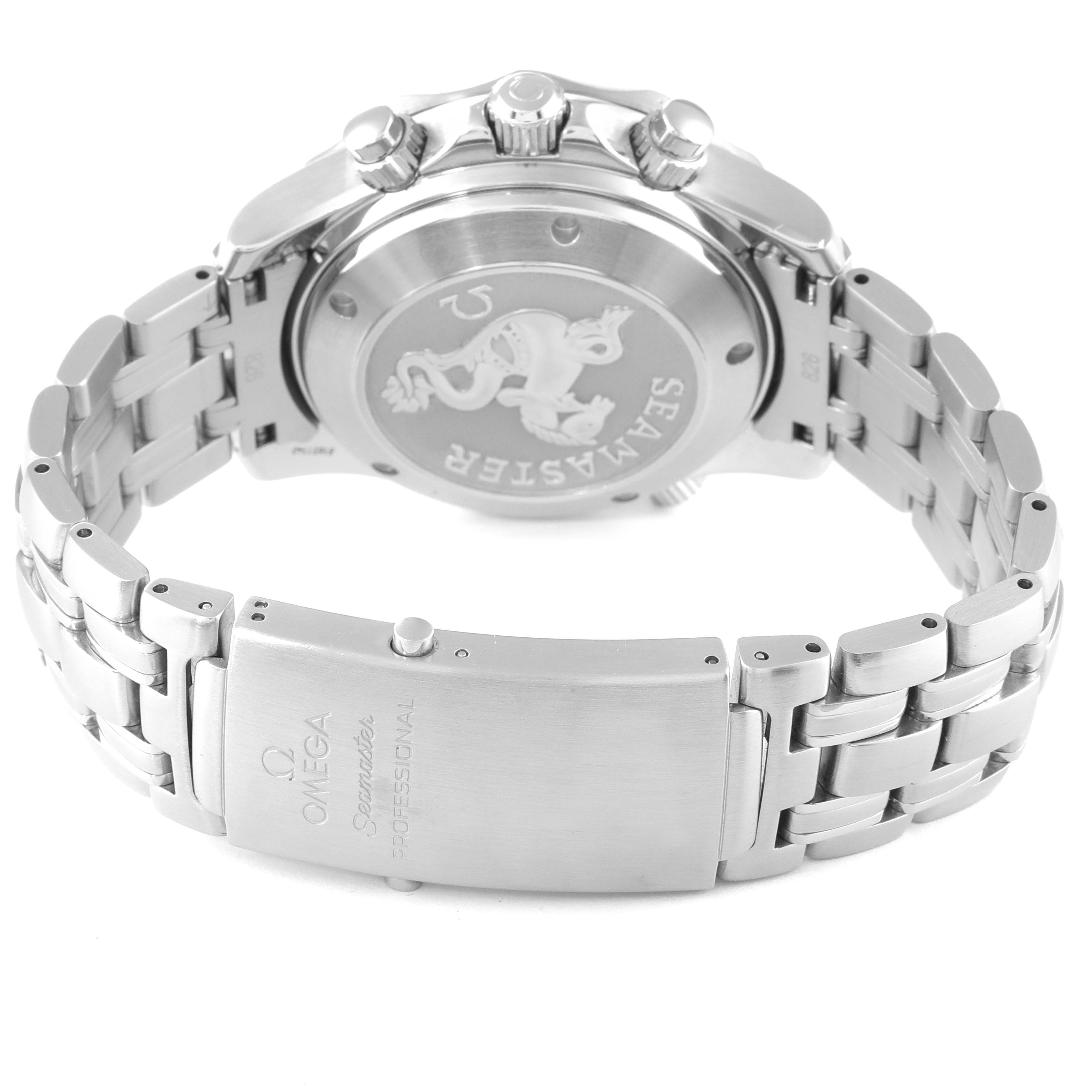 This image shows the back case and bracelet of an Omega Seamaster 2225.80.00 Men's Stainless Steel Blue Dial 2225.80.00 Men's Stainless Steel Blue Dial watch.