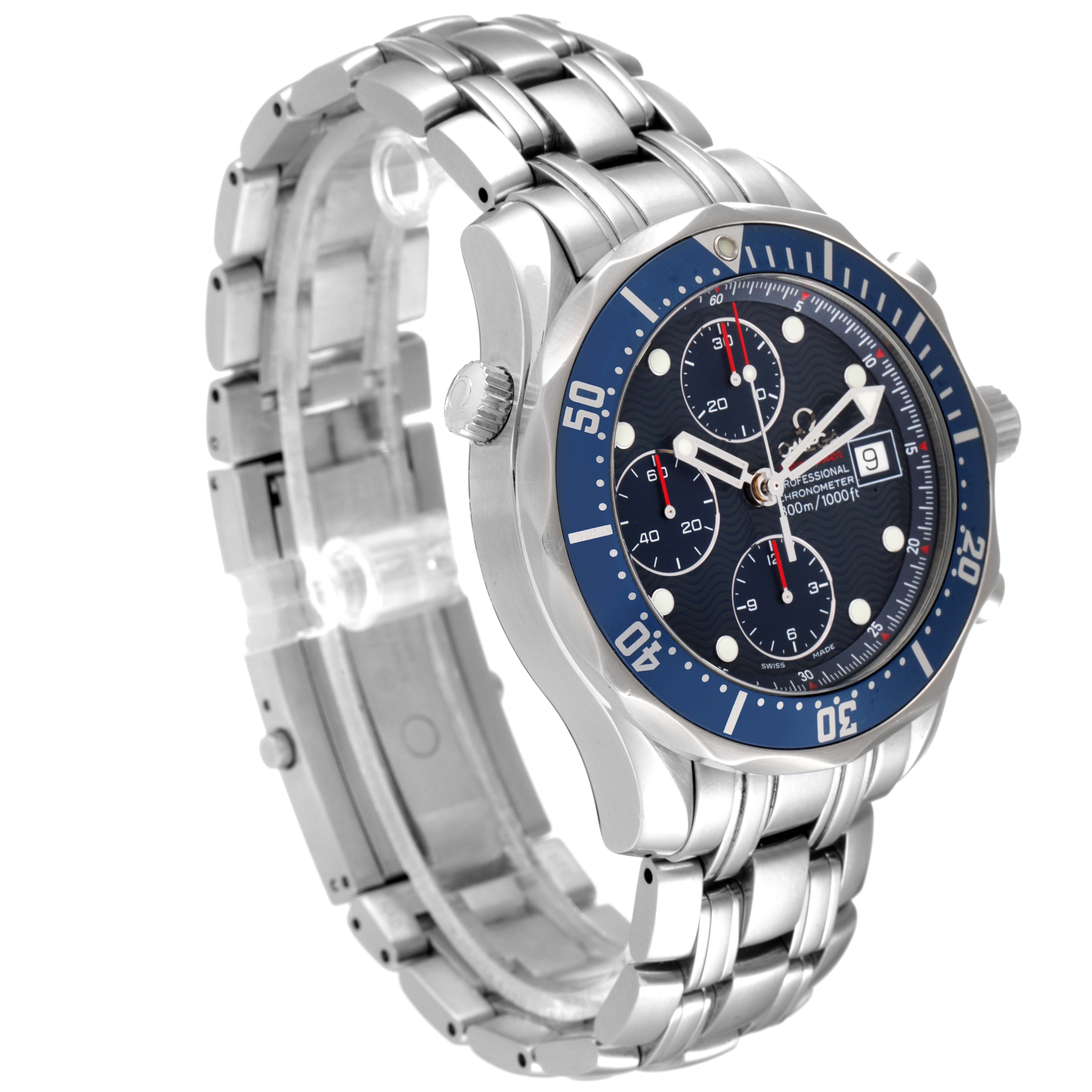The image shows an angled view of the Omega Seamaster 2225.80.00 Men's Stainless Steel Blue Dial 2225.80.00 Men's Stainless Steel Blue Dial watch, highlighting the face, bezel, crown, and stainless steel bracelet.