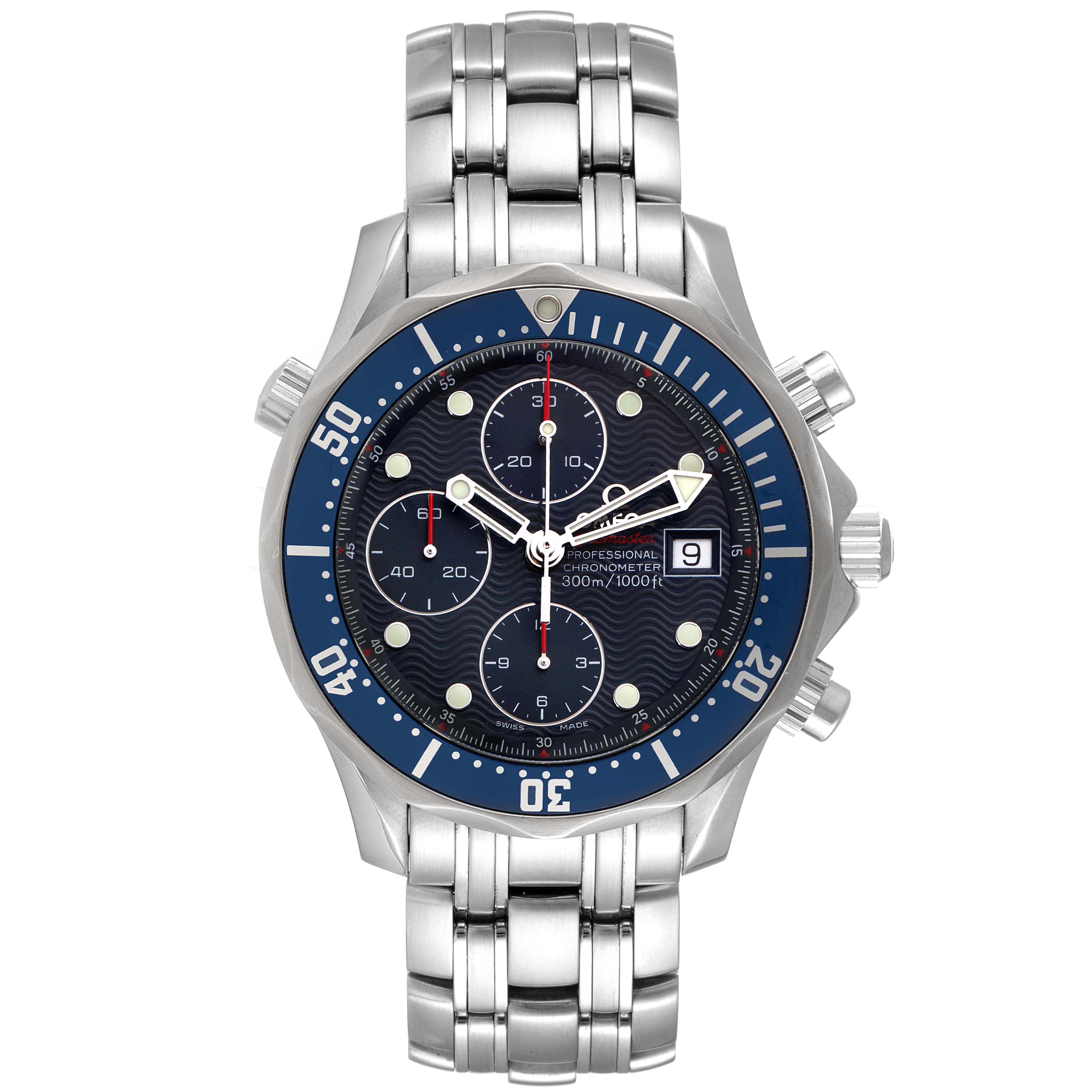 The image shows a front view of the Omega Seamaster 2225.80.00 Men's Stainless Steel Blue Dial 2225.80.00 Men's Stainless Steel Blue Dial watch, highlighting its blue dial, subdials, date window, and stainless steel bracelet.