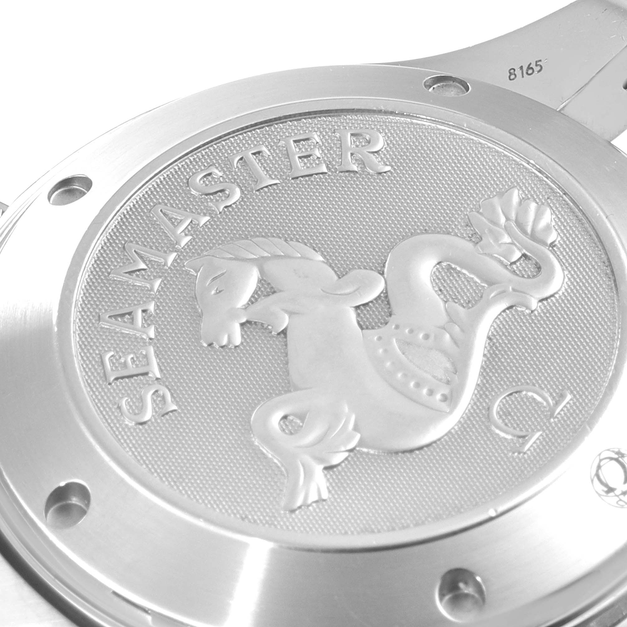 This image shows the case back of an Omega Seamaster 2225.80.00 Men's Stainless Steel Blue Dial 2225.80.00 Men's Stainless Steel Blue Dial, featuring the engraved logo and detailing.