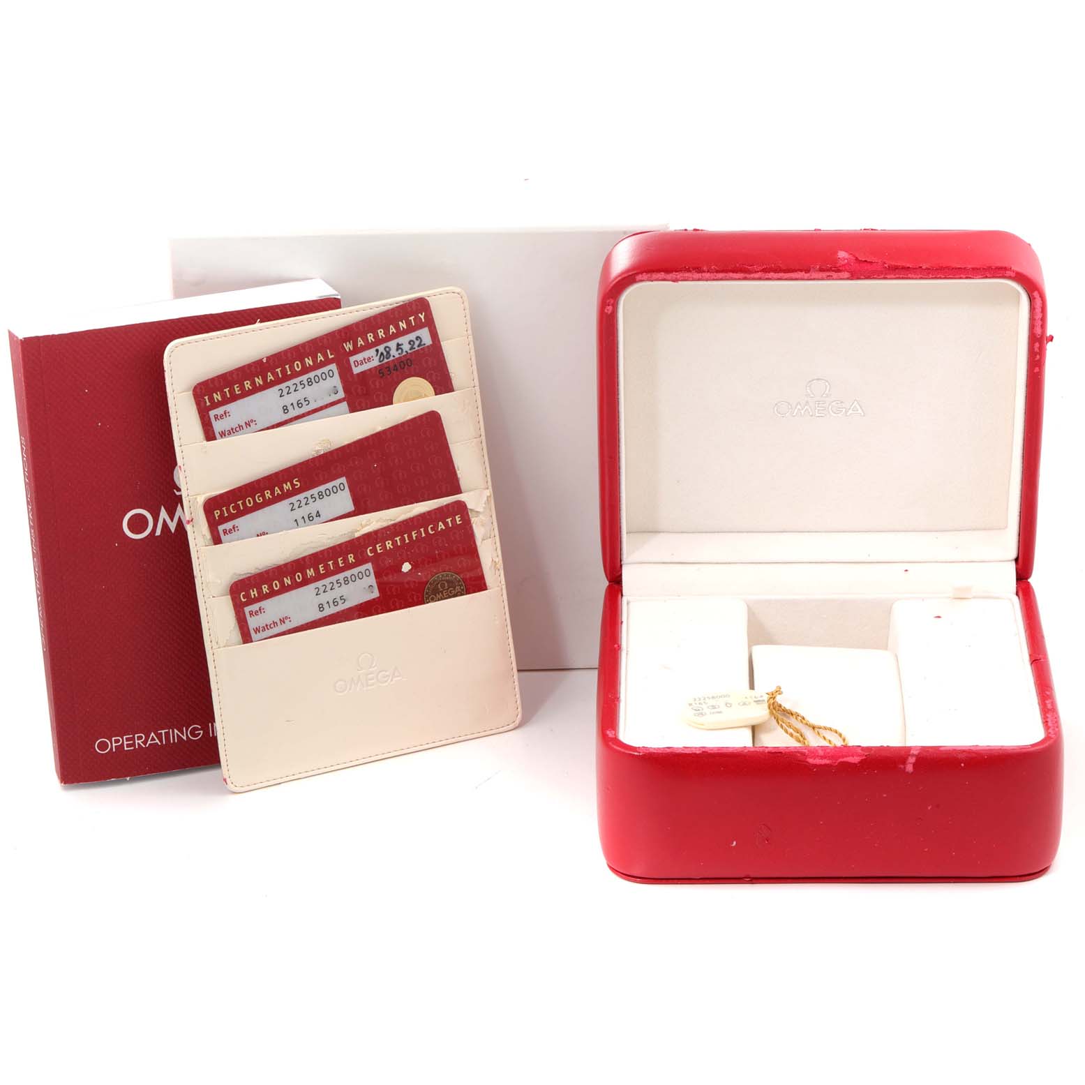 The image shows an Omega Seamaster 2225.80.00 Men's Stainless Steel Blue Dial 2225.80.00 Men's Stainless Steel Blue Dial watch box, warranty cards, operating instructions, and a red storage case from a slightly above angle.