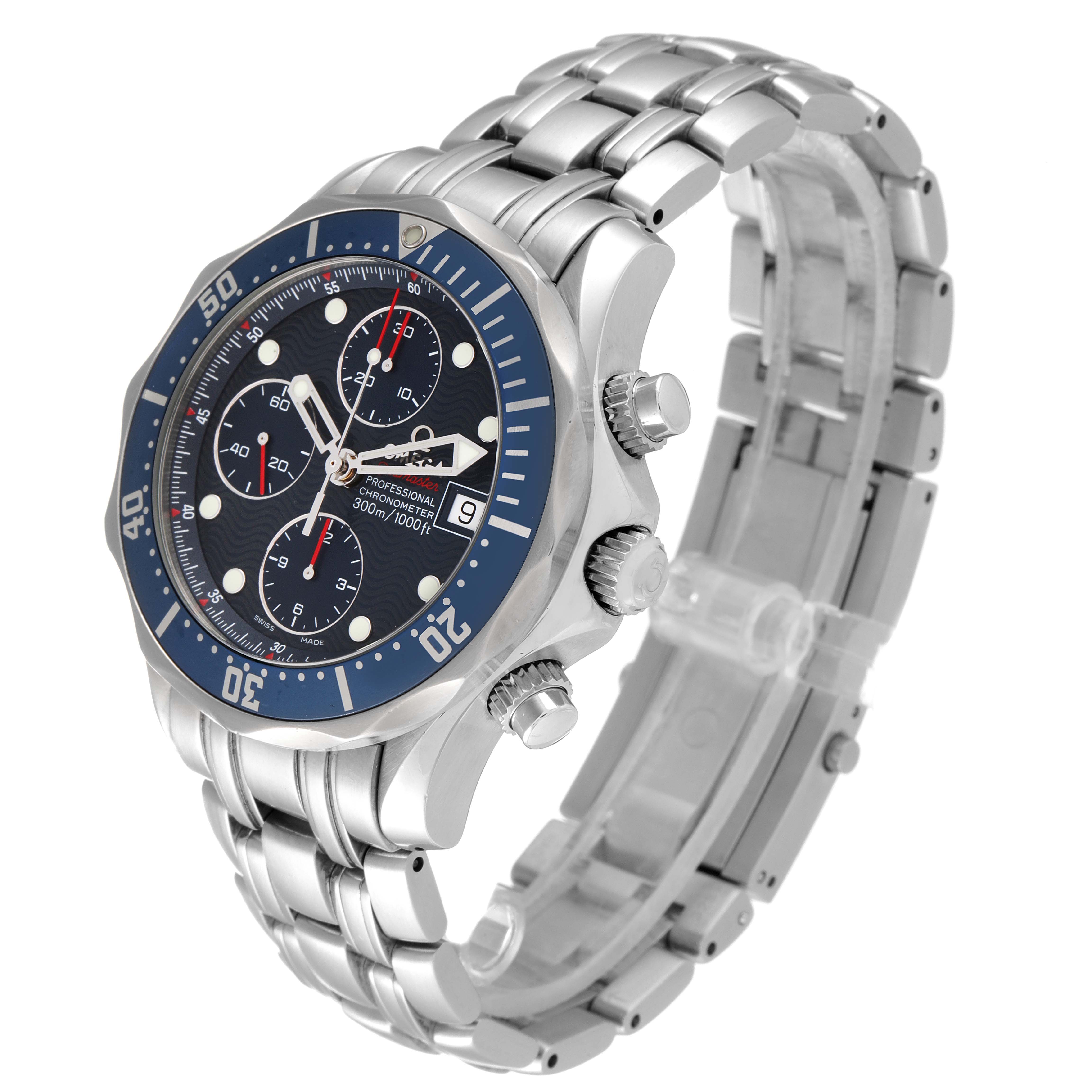 The image shows an angled view of an Omega Seamaster 2225.80.00 Men's Stainless Steel Blue Dial 2225.80.00 Men's Stainless Steel Blue Dial watch, highlighting the face, bezel, pushers, crown, and bracelet.