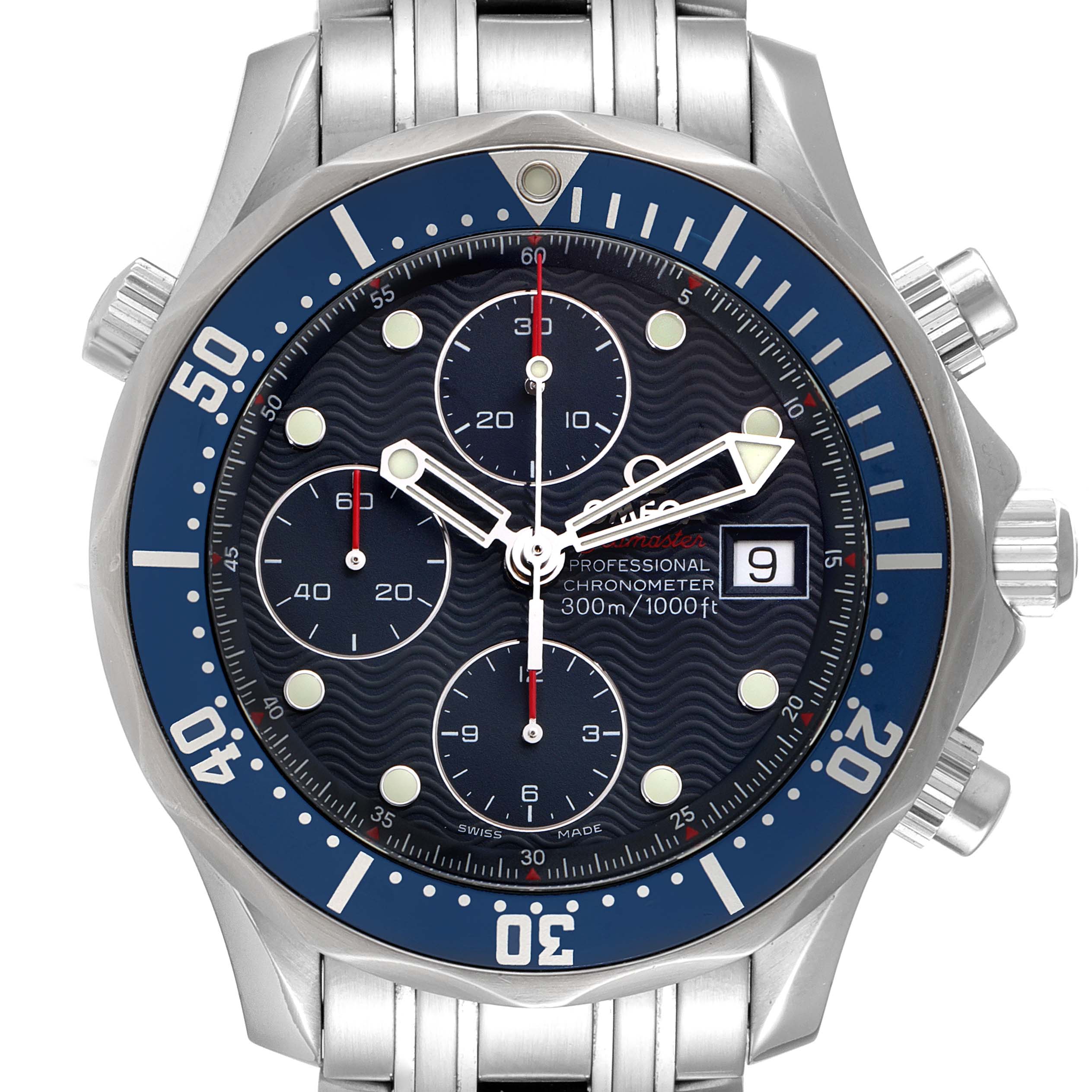 The image shows a frontal view of the Omega Seamaster 2225.80.00 Men's Stainless Steel Blue Dial 2225.80.00 Men's Stainless Steel Blue Dial watch, highlighting its blue dial, chronograph subdials, and stainless steel bracelet.