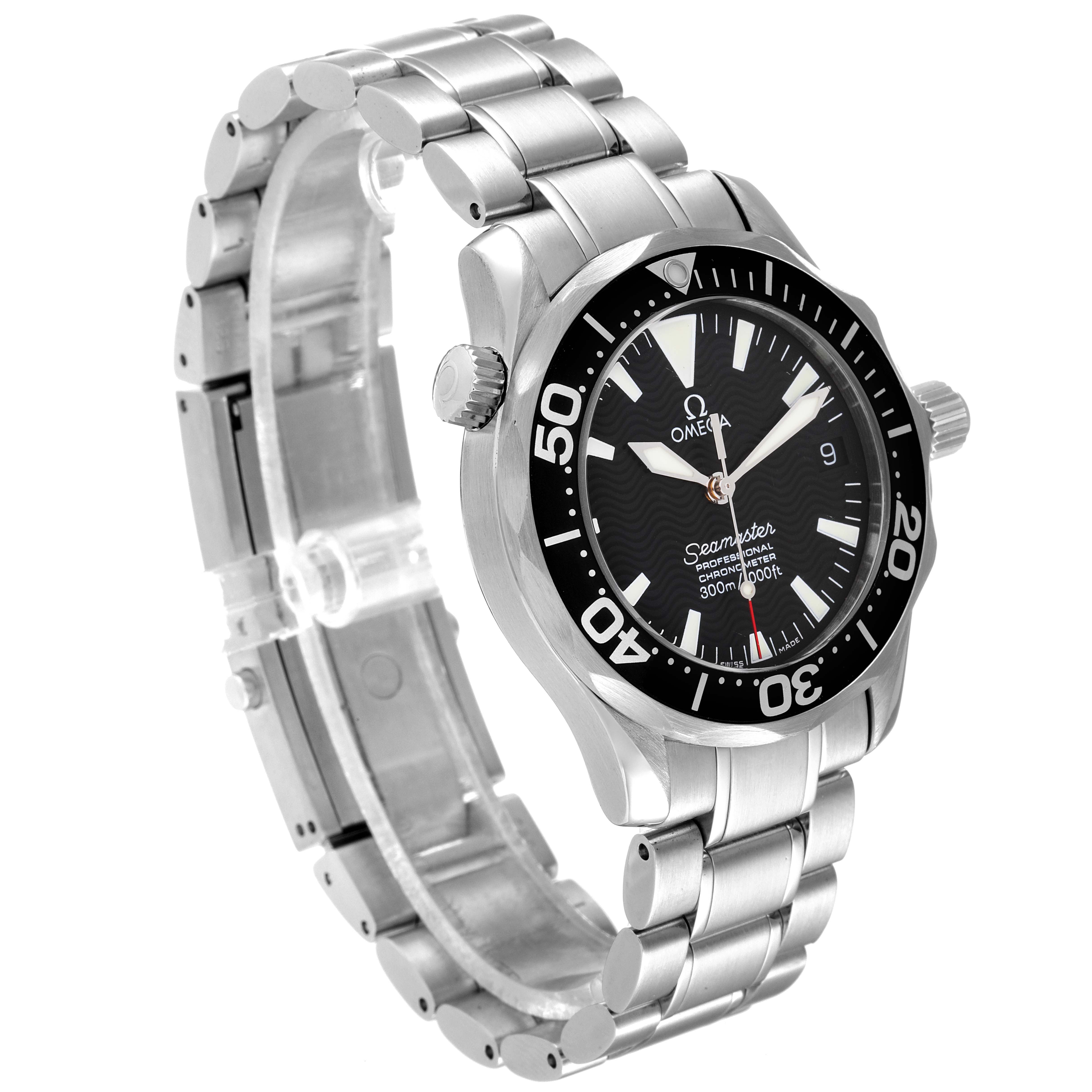 The image shows an Omega Seamaster 2252.50.00 Men's Stainless Steel Black Dial 2252.50.00 Men's Stainless Steel Black Dial watch at an oblique angle, highlighting its watch face, bezel, and stainless steel bracelet.