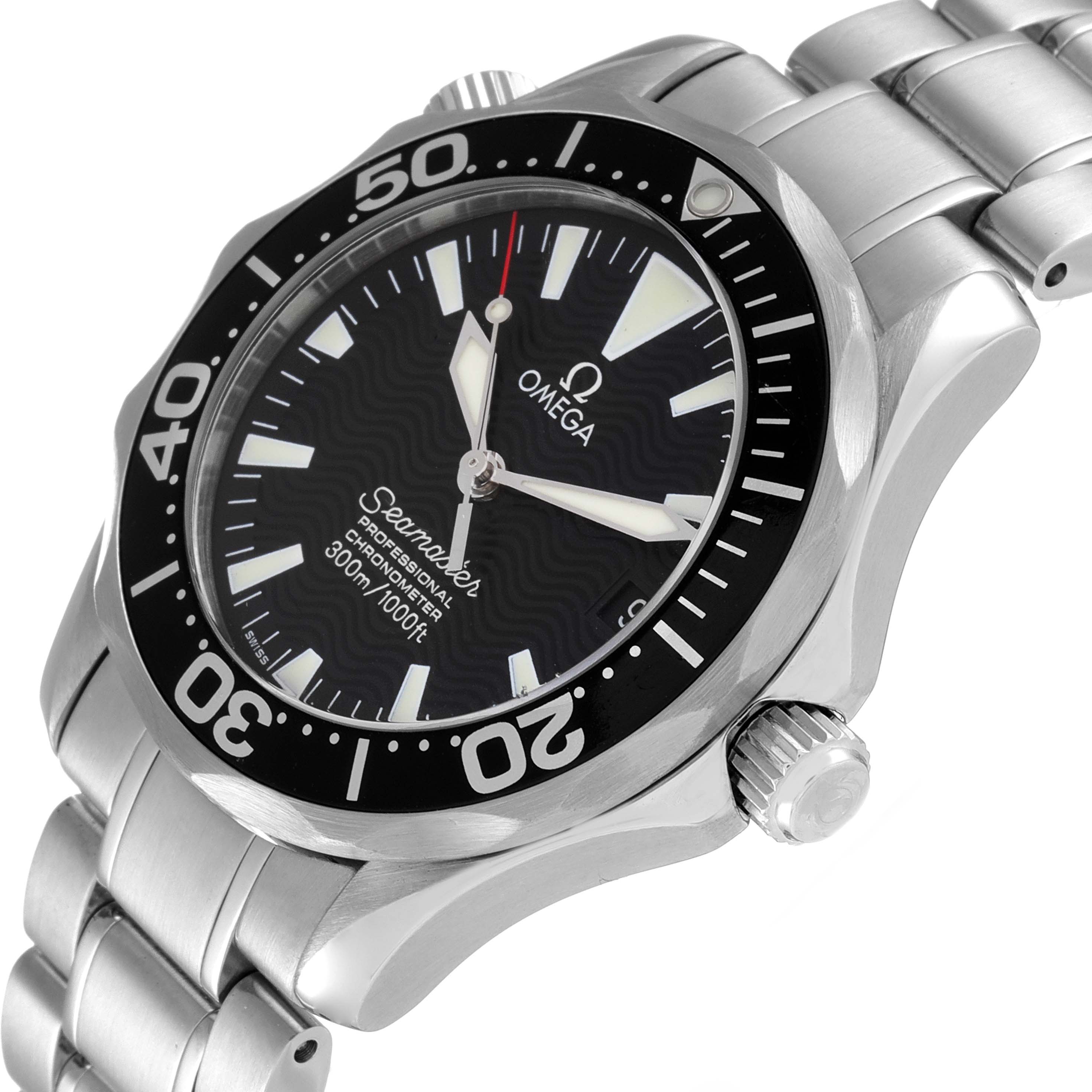 The Omega Seamaster 2252.50.00 Men's Stainless Steel Black Dial 2252.50.00 Men's Stainless Steel Black Dial watch is shown from an angle displaying the face, bezel, crown, and part of the metal bracelet.