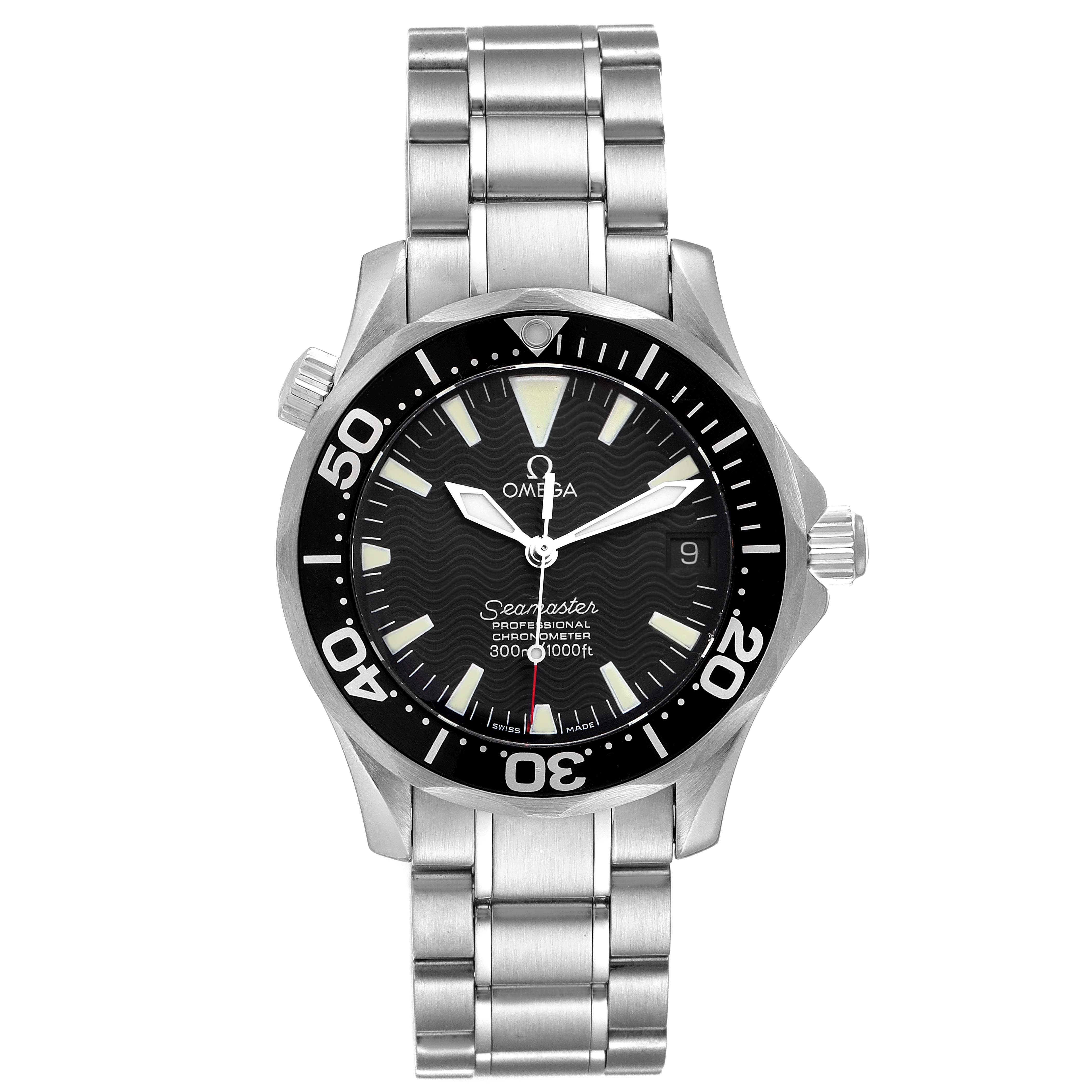 The image shows a front view of an Omega Seamaster 2252.50.00 Men's Stainless Steel Black Dial 2252.50.00 Men's Stainless Steel Black Dial watch, displaying its dial, bezel, and metal bracelet.