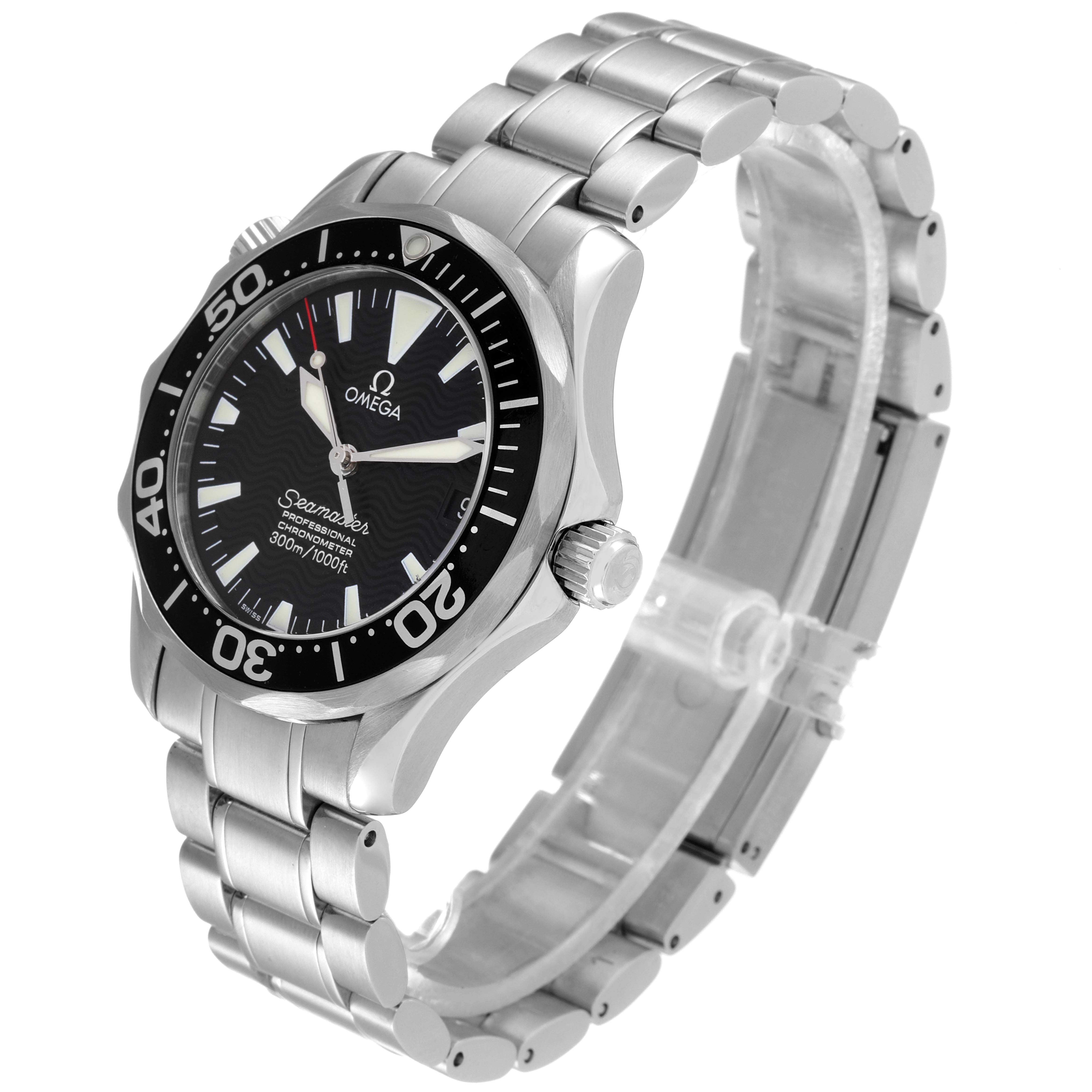 The Omega Seamaster 2252.50.00 Men's Stainless Steel Black Dial 2252.50.00 Men's Stainless Steel Black Dial watch is shown at a side angle, displaying the face, bezel, crown, and metal bracelet.