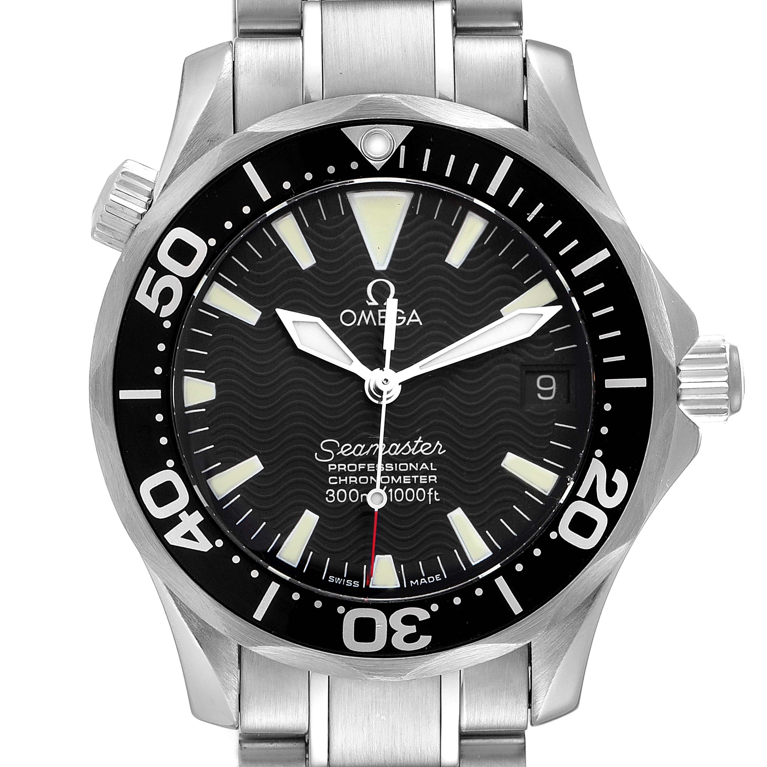 The image shows a front view of the Omega Seamaster 2252.50.00 Men's Stainless Steel Black Dial 2252.50.00 Men's Stainless Steel Black Dial watch, displaying its dial, hands, bezel, and bracelet.