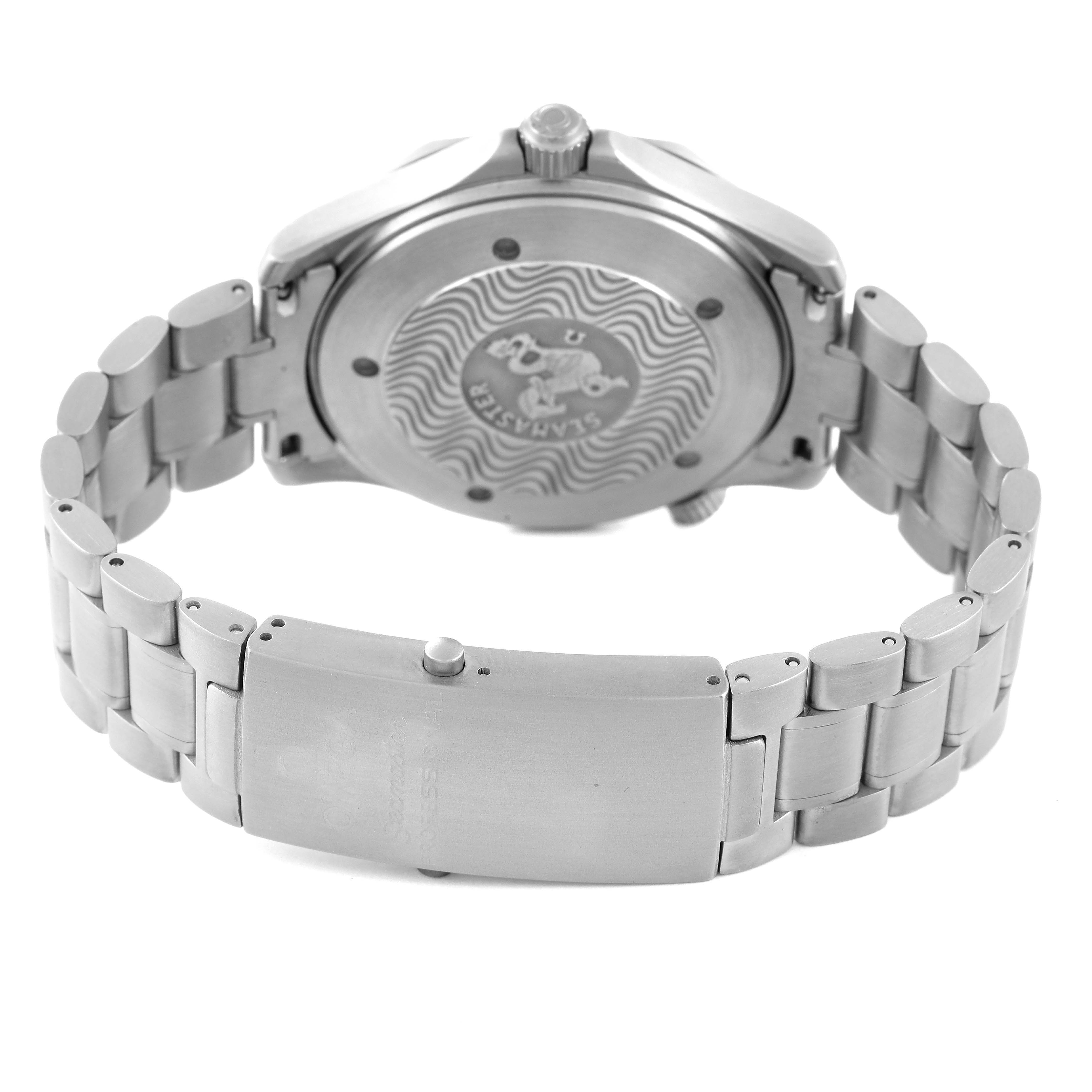 The image shows the back case and bracelet clasp of an Omega Seamaster 2231.50.00 Men's Titanium Black Dial 2231.50.00 Men's Titanium Black Dial watch from a rear angle.