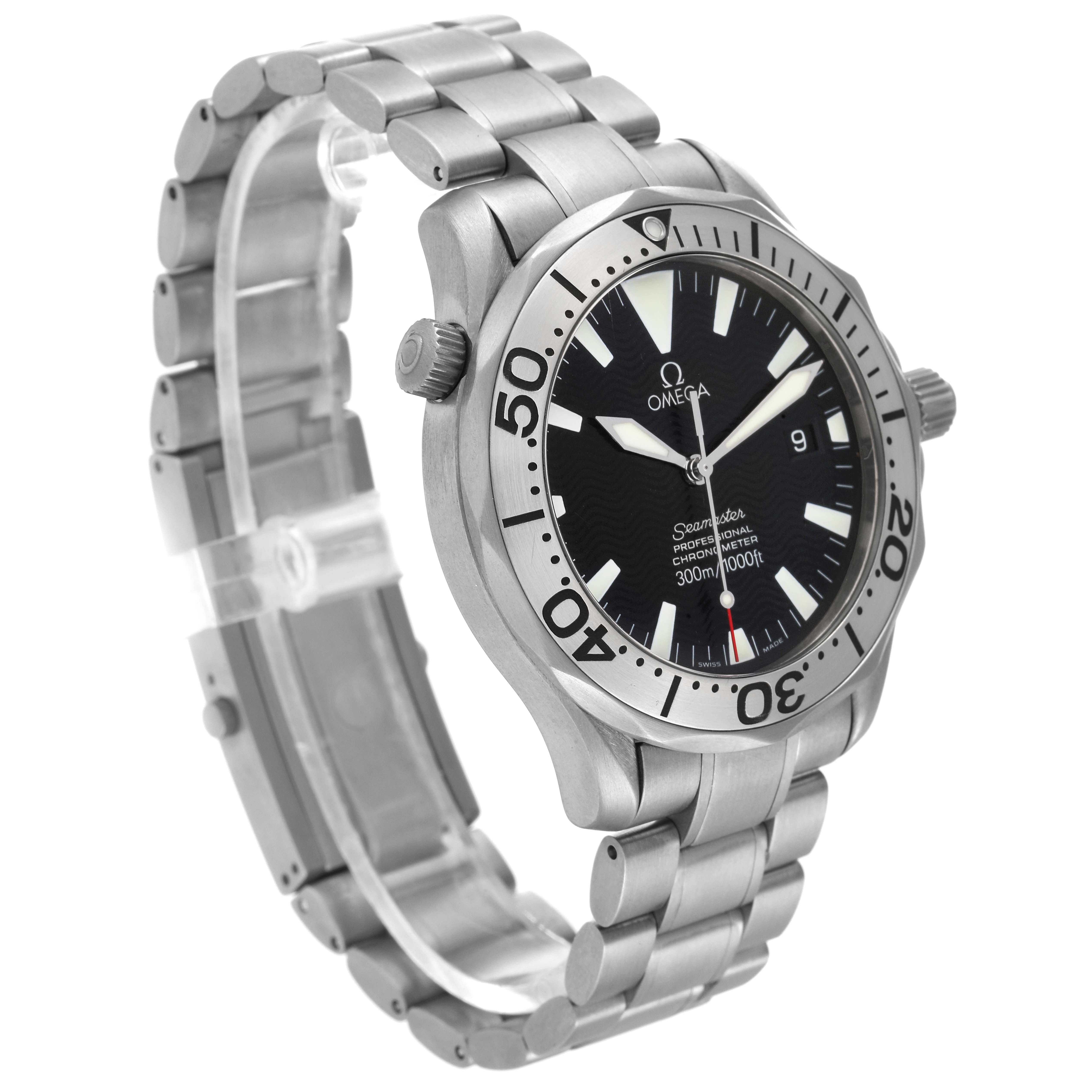 The image shows a side perspective of the Omega Seamaster 2231.50.00 Men's Titanium Black Dial 2231.50.00 Men's Titanium Black Dial watch, highlighting its metal band, bezel, and dial.