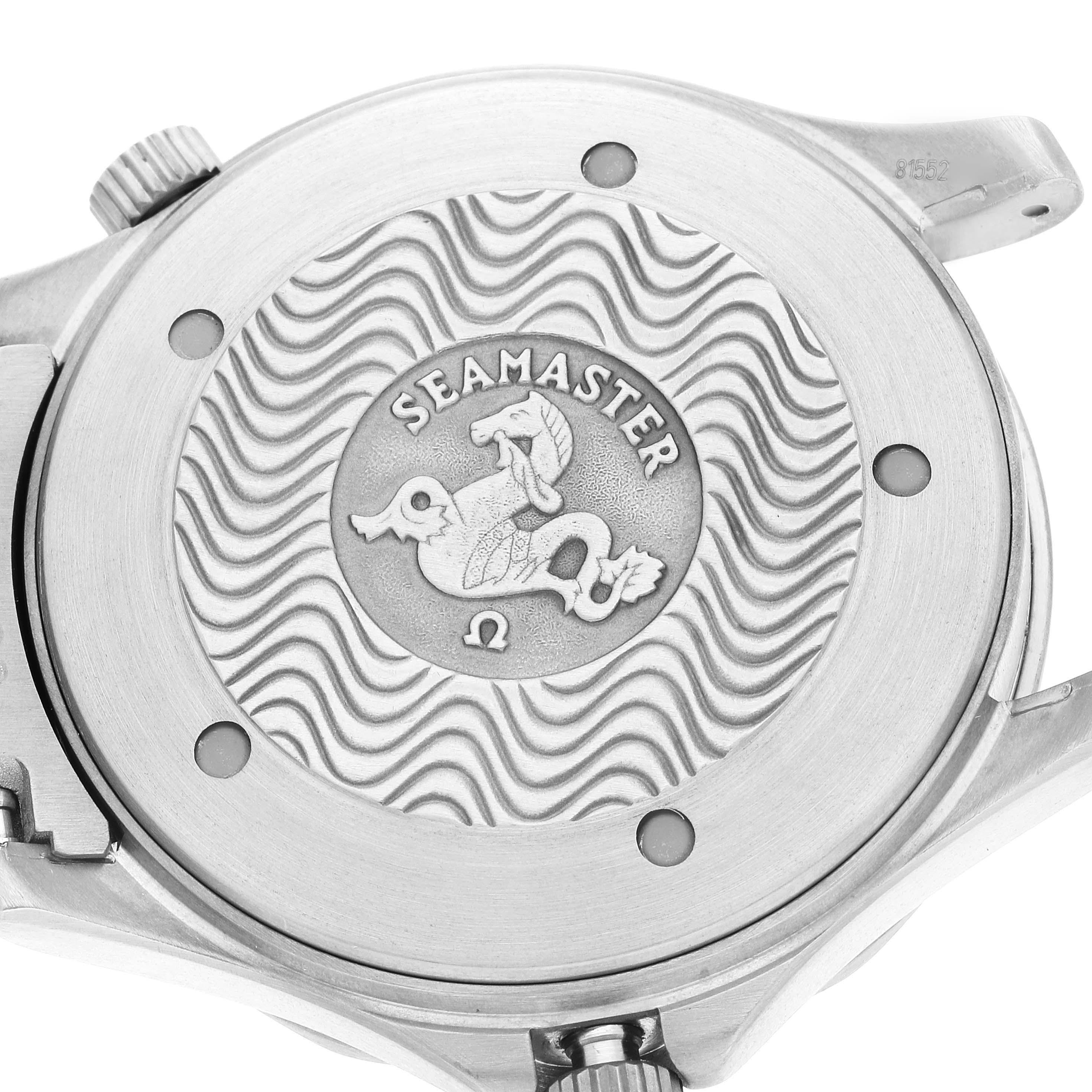 This image shows the case back of an Omega Seamaster 2231.50.00 Men's Titanium Black Dial 2231.50.00 Men's Titanium Black Dial watch, featuring the engraved logo and decorative wave pattern.