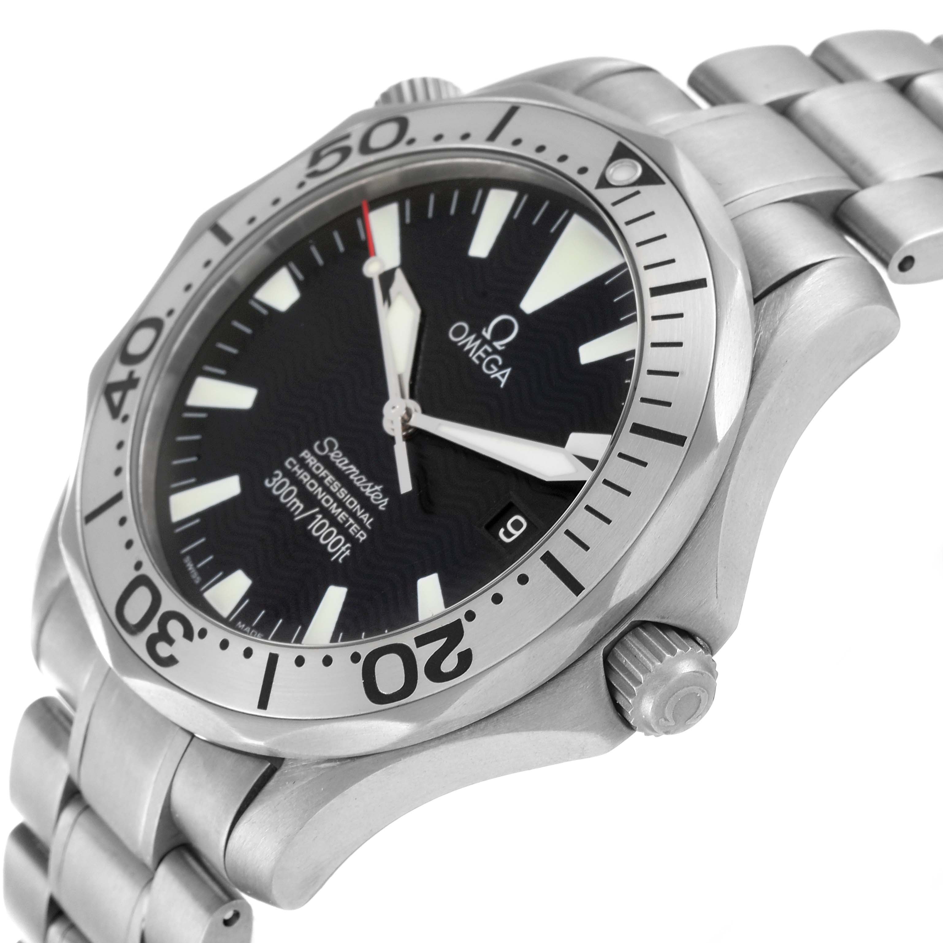 The Omega Seamaster 2231.50.00 Men's Titanium Black Dial 2231.50.00 Men's Titanium Black Dial watch is shown from an angle highlighting the dial, bezel, crown, and bracelet.