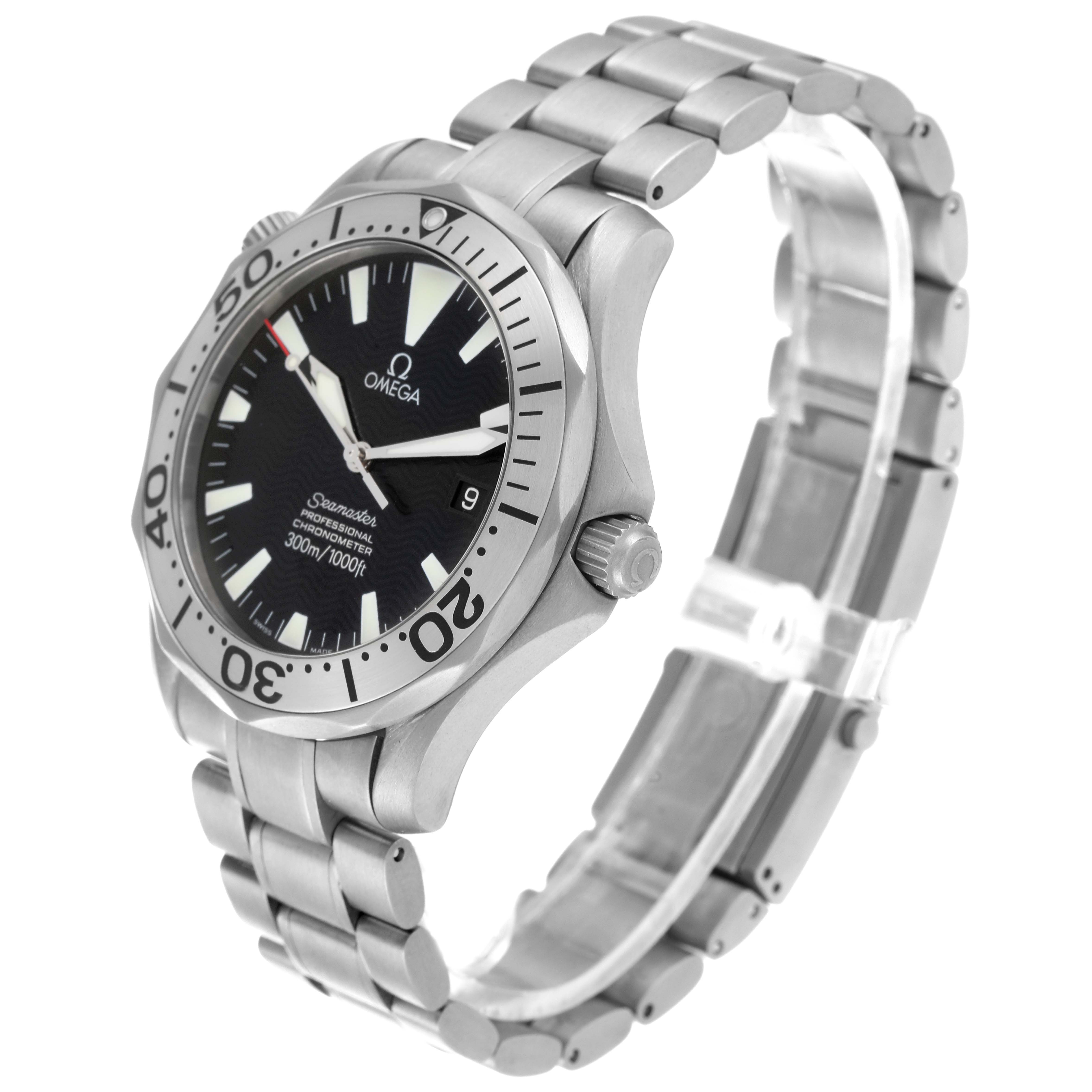 The Omega Seamaster 2231.50.00 Men's Titanium Black Dial 2231.50.00 Men's Titanium Black Dial watch is shown at an angle, displaying the face, bezel, crown, and metallic band.