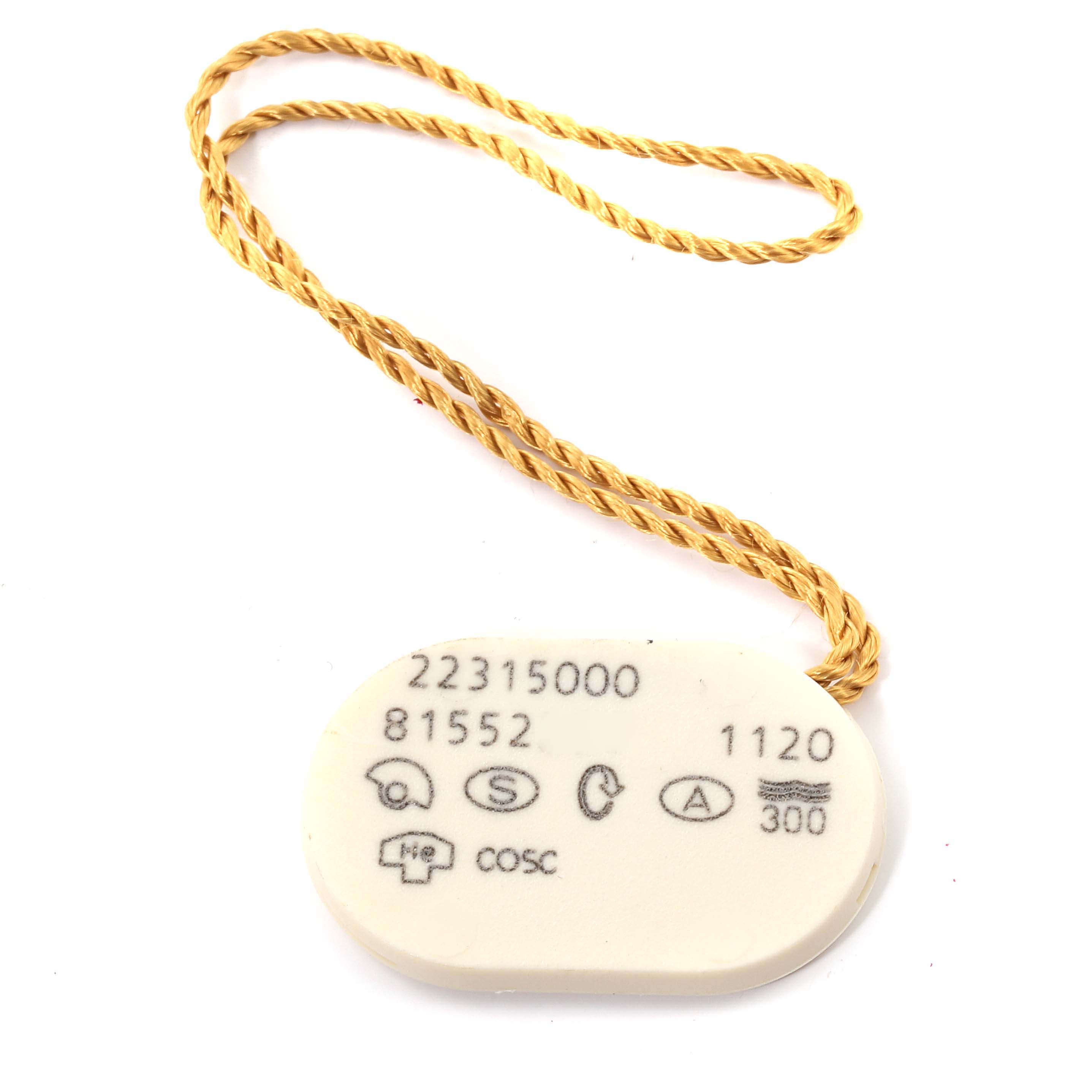 This image shows a tag with specifications and certification icons for an Omega Seamaster 2231.50.00 Men's Titanium Black Dial 2231.50.00 Men's Titanium Black Dial watch along with its serial numbers.