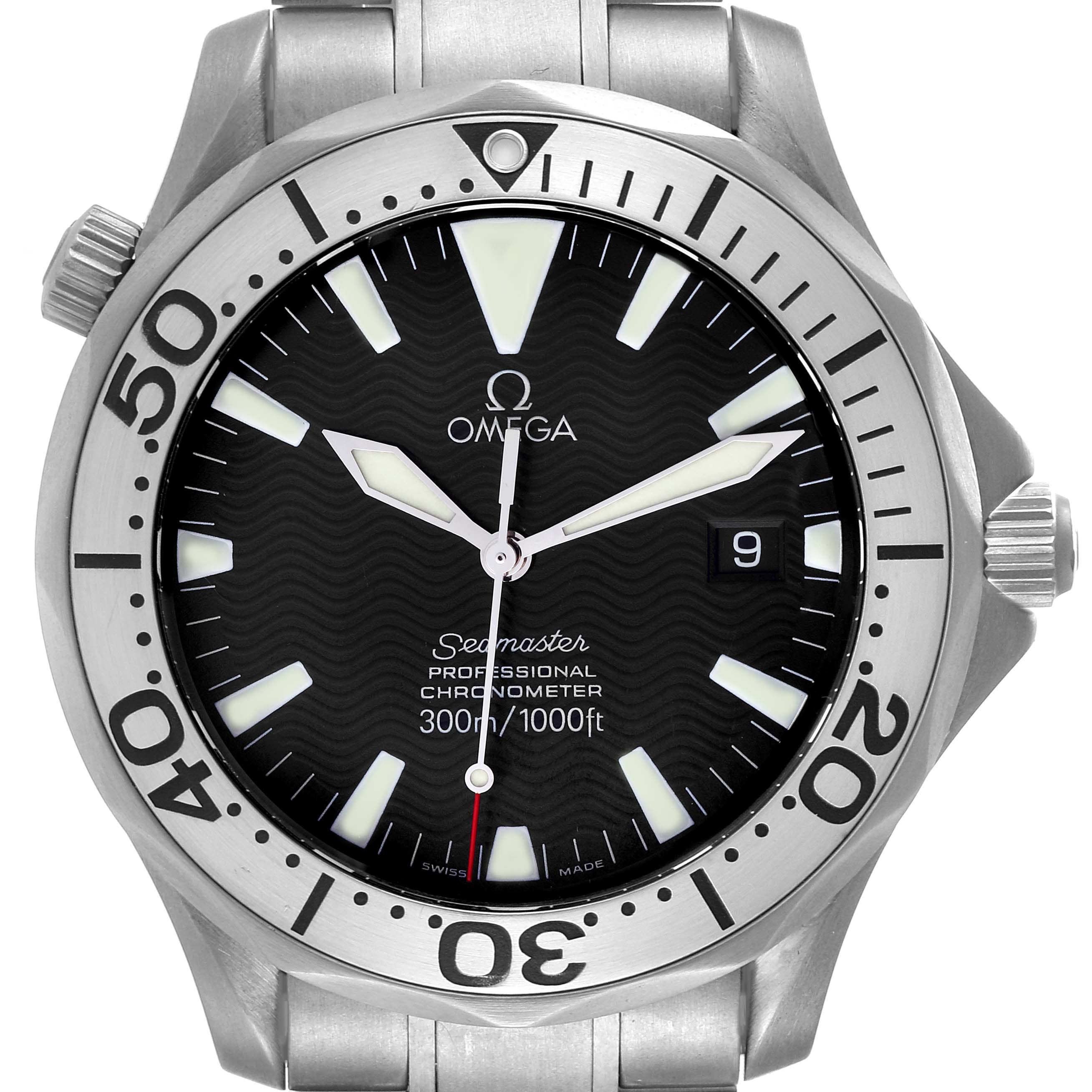 The image shows a front view of the Omega Seamaster 2231.50.00 Men's Titanium Black Dial 2231.50.00 Men's Titanium Black Dial watch, highlighting its black dial, bezel, and stainless steel bracelet.