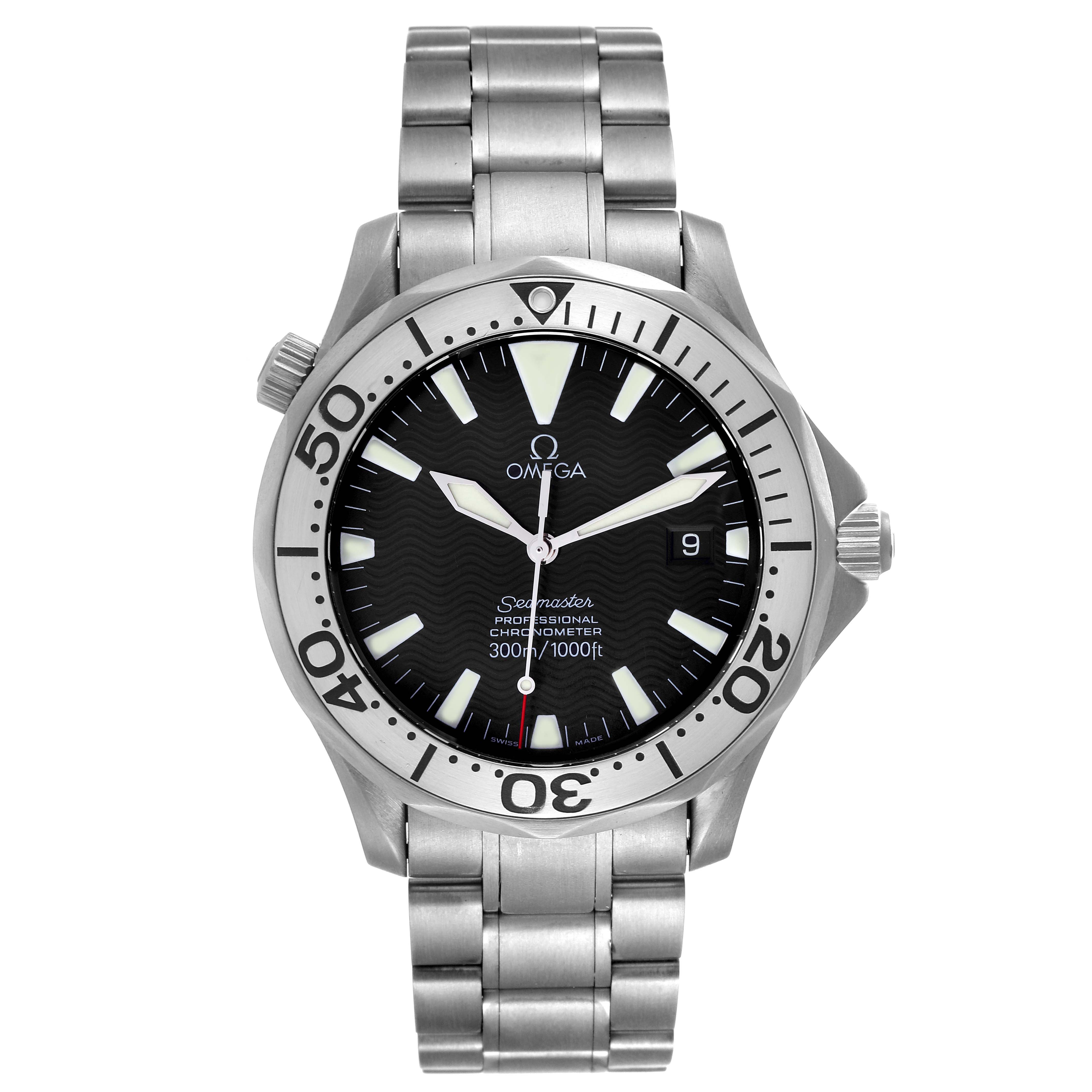 The image shows a frontal view of an Omega Seamaster 2231.50.00 Men's Titanium Black Dial 2231.50.00 Men's Titanium Black Dial watch, displaying the dial, bezel, and stainless steel bracelet.