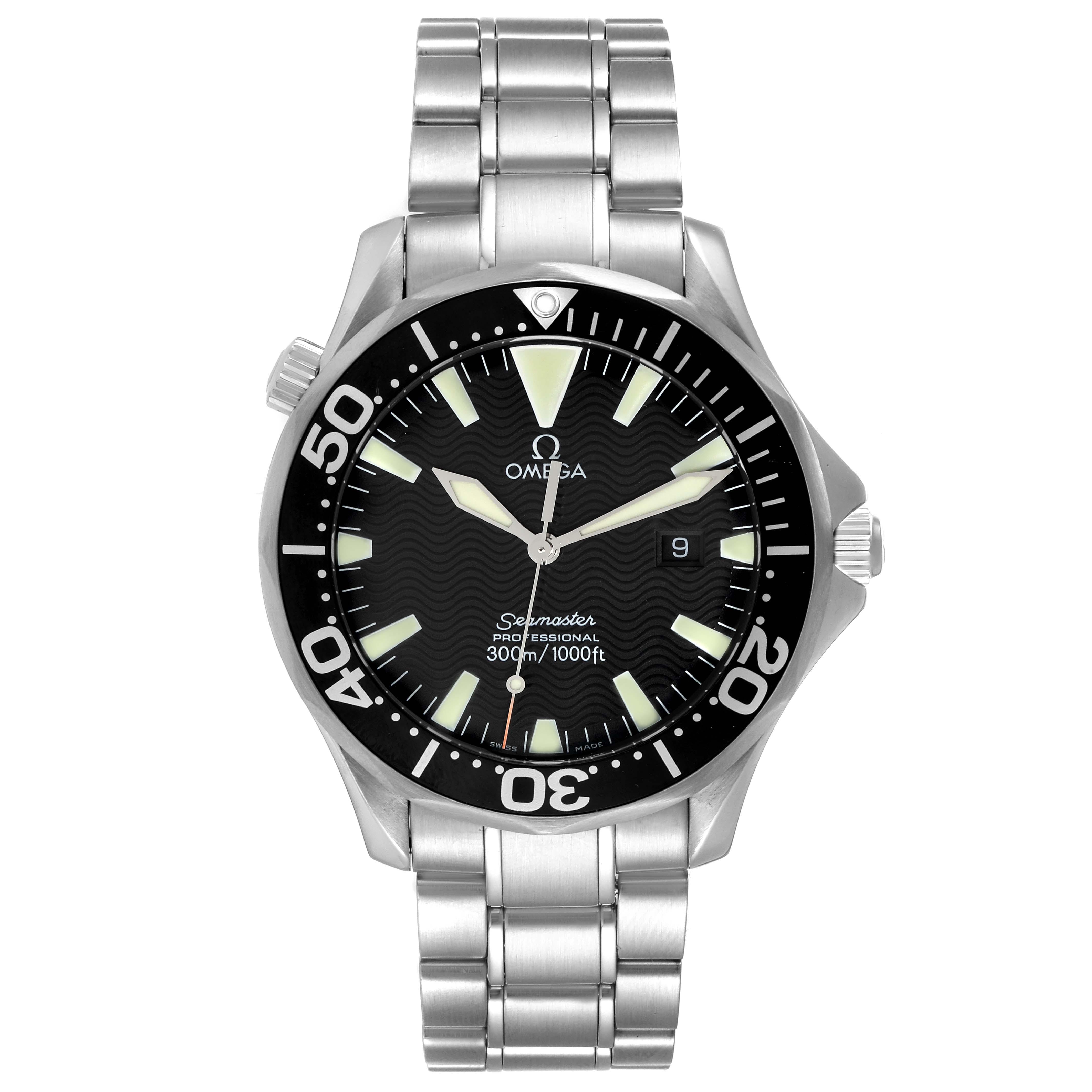 The image shows a front view of an Omega Seamaster 2264.50.00 Men's Stainless Steel Black Dial 2264.50.00 Men's Stainless Steel Black Dial watch, highlighting its face, bezel, and stainless steel bracelet.