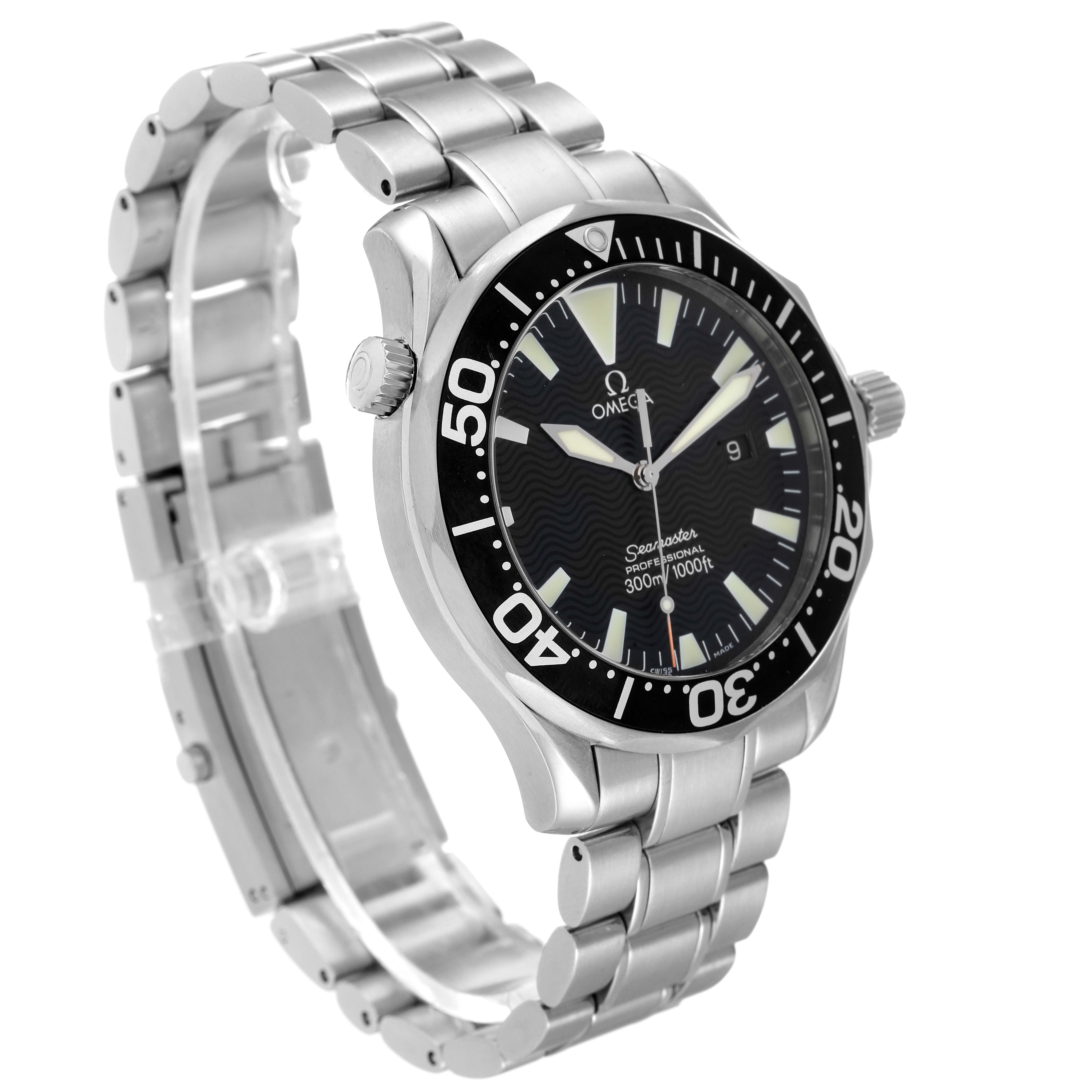 The image shows the front and side view of an Omega Seamaster 2264.50.00 Men's Stainless Steel Black Dial 2264.50.00 Men's Stainless Steel Black Dial watch, featuring its dial, bezel, and metal bracelet.