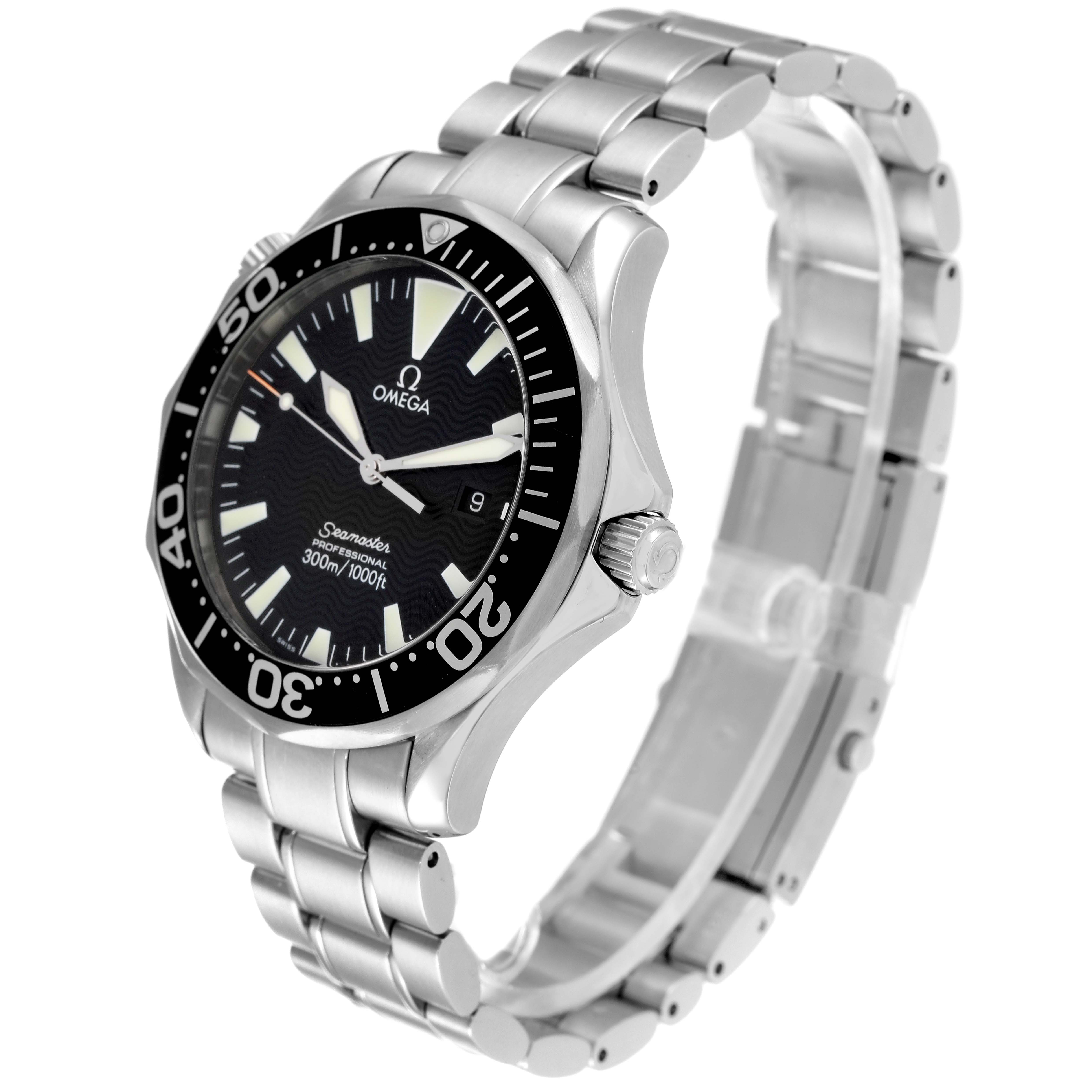 The image shows a side angle of the Omega Seamaster 2264.50.00 Men's Stainless Steel Black Dial 2264.50.00 Men's Stainless Steel Black Dial watch, highlighting the face, bezel, and metal bracelet.