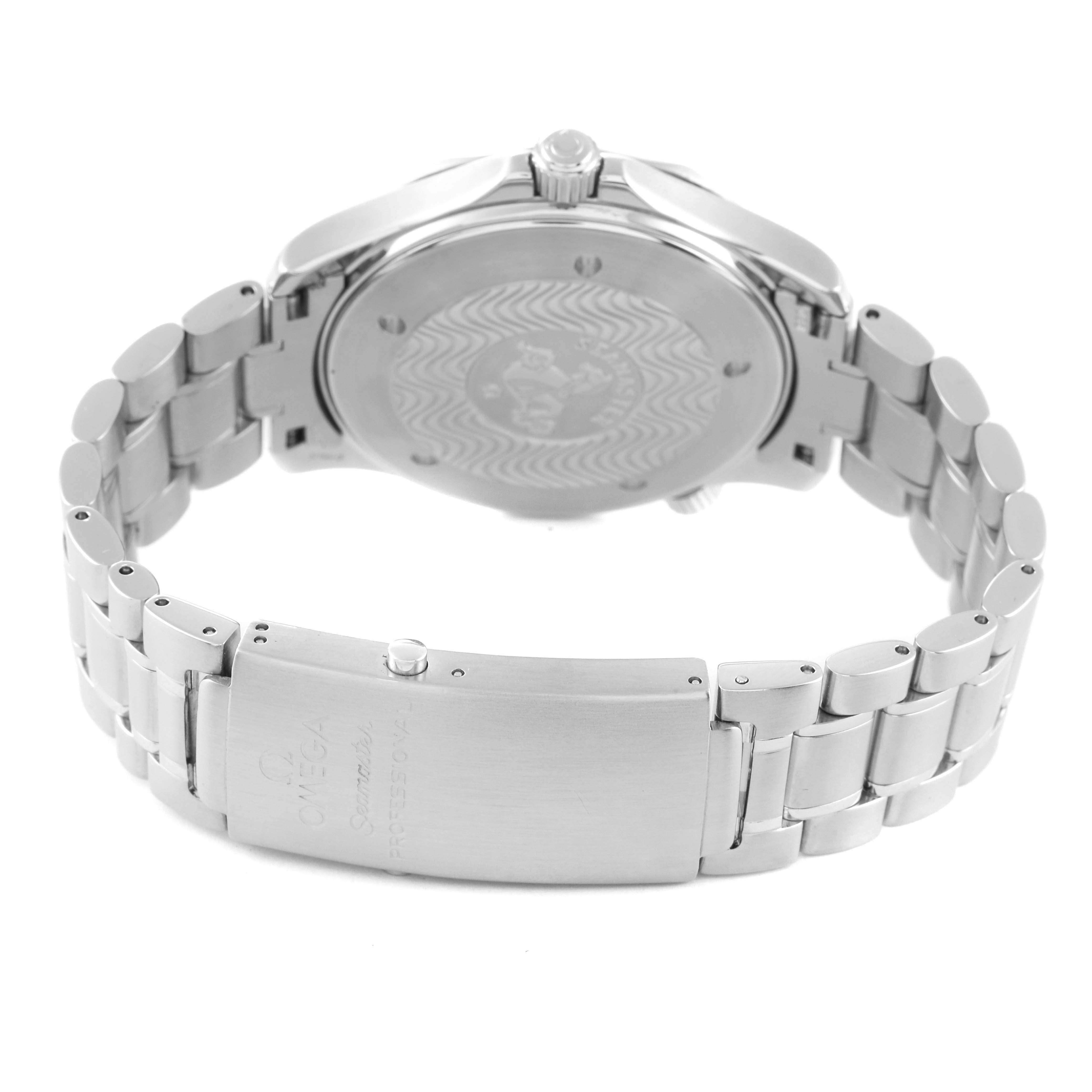 This image shows the back side of the Omega Seamaster 2264.50.00 Men's Stainless Steel Black Dial 2264.50.00 Men's Stainless Steel Black Dial watch, focusing on the case back and the metal bracelet with a clasp.