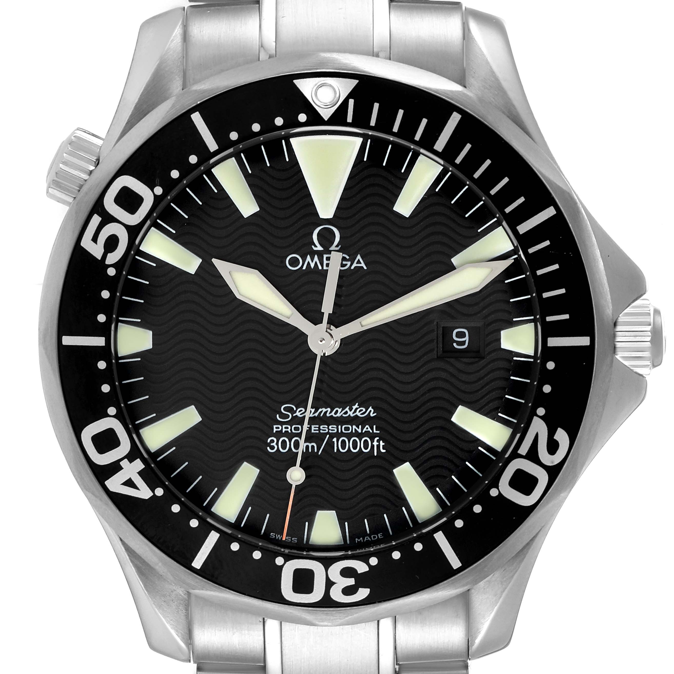 The image shows the Omega Seamaster 2264.50.00 Men's Stainless Steel Black Dial 2264.50.00 Men's Stainless Steel Black Dial watch from a front angle, highlighting its face, bezel, and part of the bracelet.