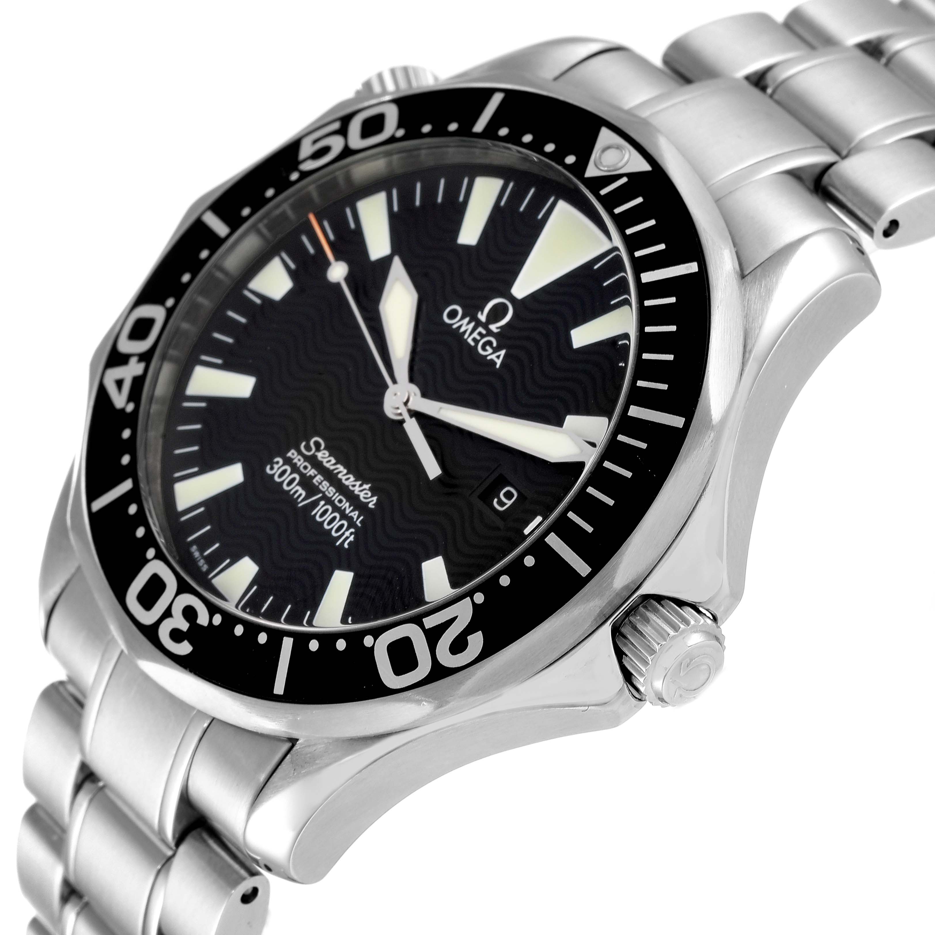 The image shows an angled view of an Omega Seamaster 2264.50.00 Men's Stainless Steel Black Dial 2264.50.00 Men's Stainless Steel Black Dial watch, highlighting the face, bezel, crown, and stainless steel bracelet.