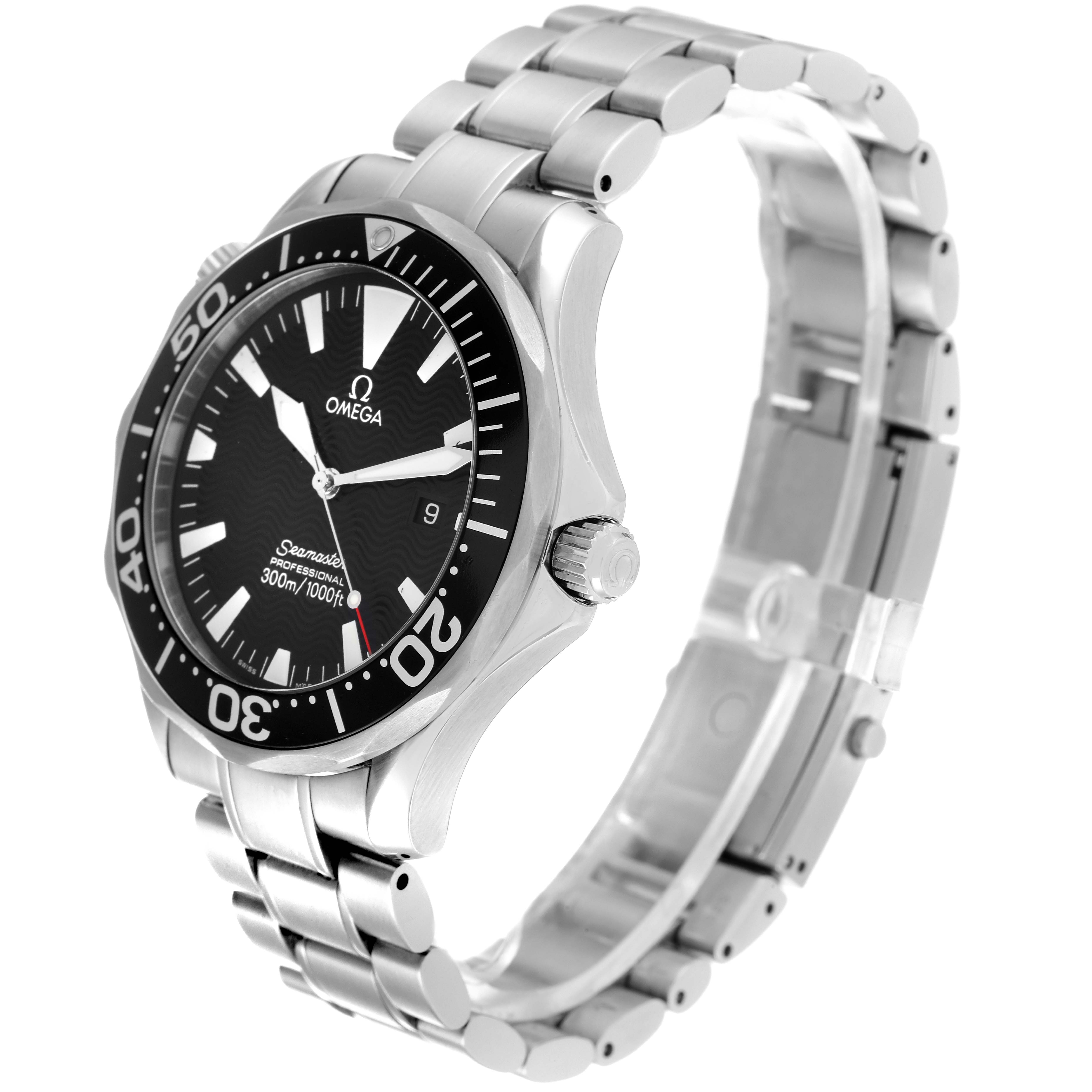 The Omega Seamaster 2264.50.00 Men's Stainless Steel Black Dial 2264.50.00 Men's Stainless Steel Black Dial watch is shown at an angle highlighting its face, bezel, crown, and stainless steel bracelet.