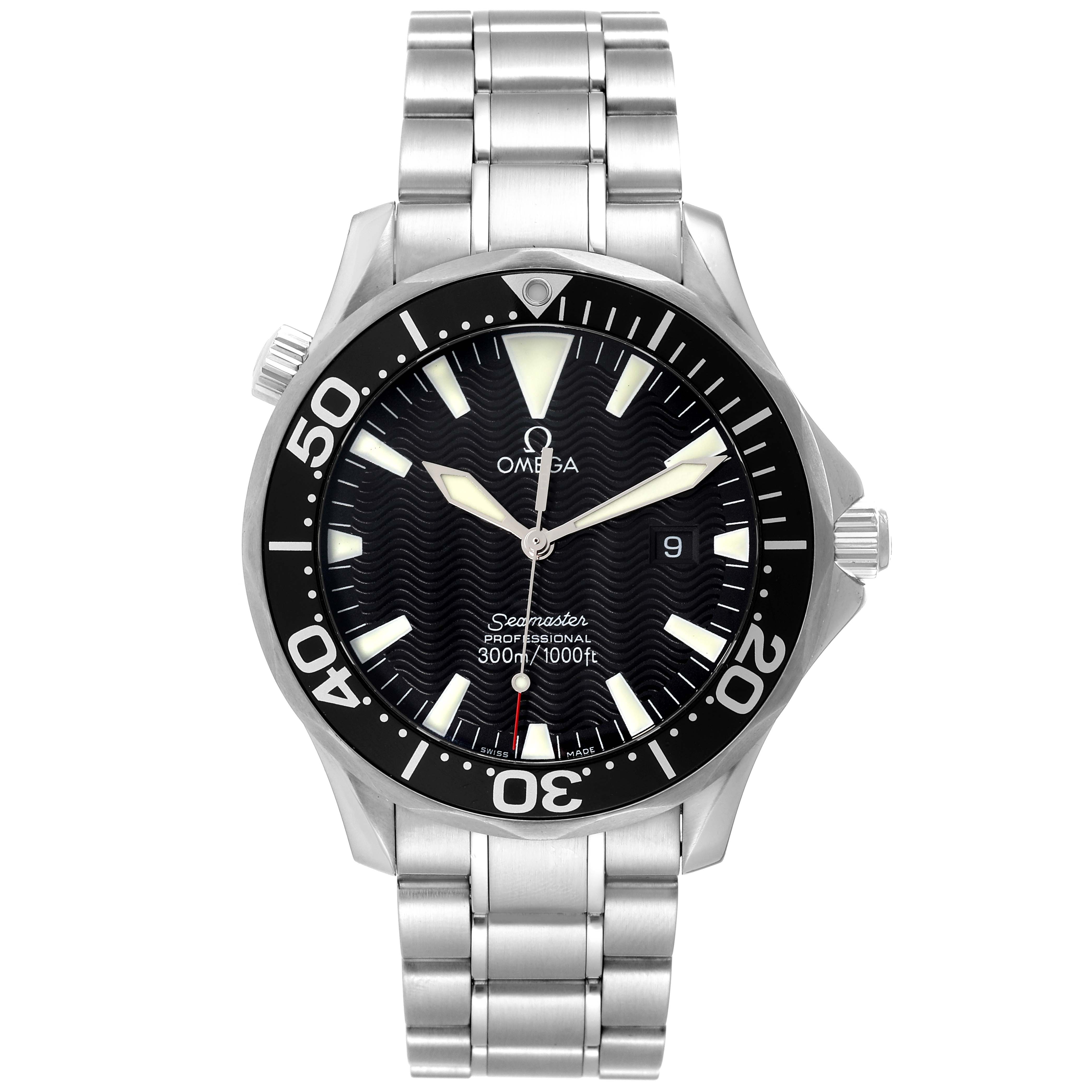 The image shows a front view of the Omega Seamaster 2264.50.00 Men's Stainless Steel Black Dial 2264.50.00 Men's Stainless Steel Black Dial watch displaying its face, bezel, and bracelet.